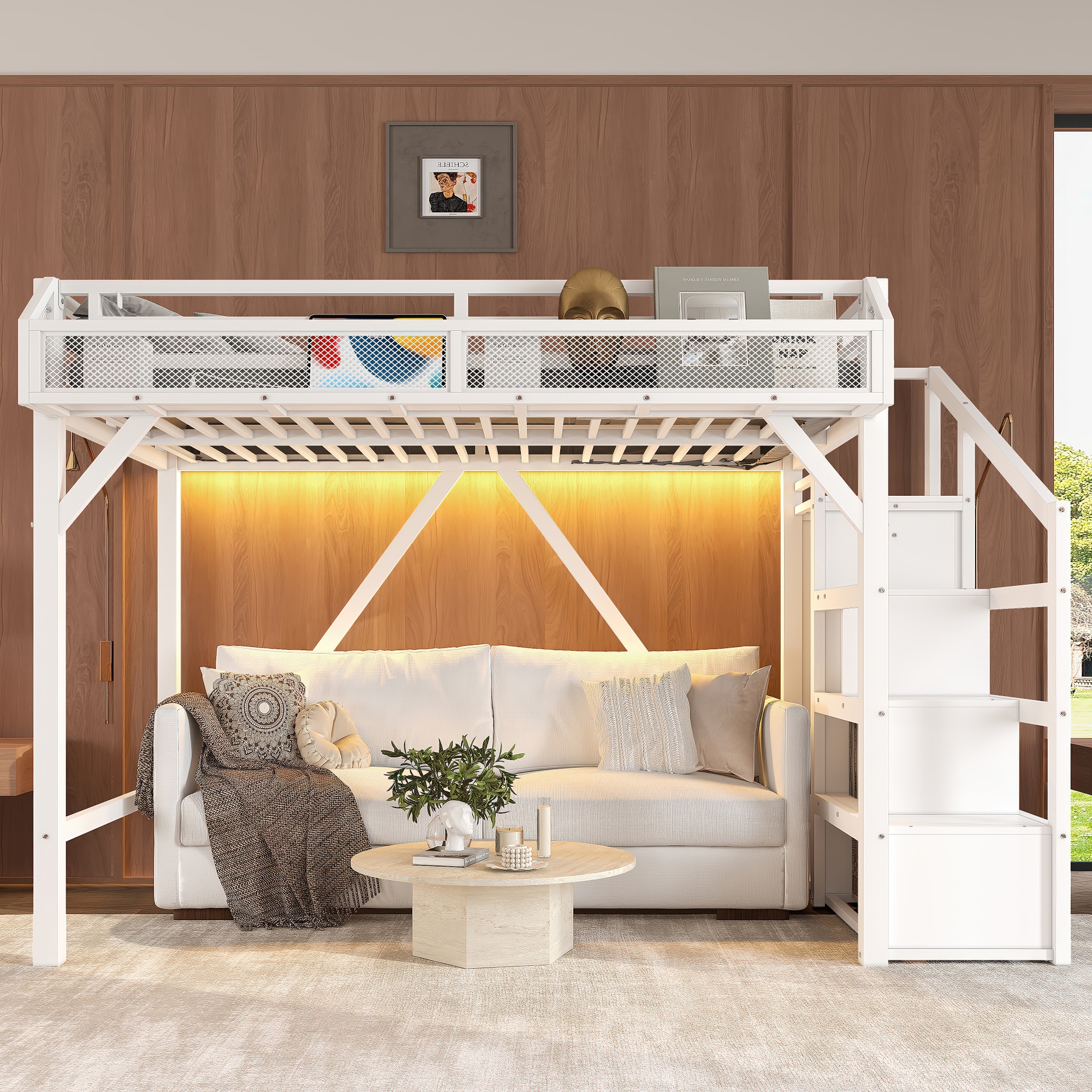 Loebelle Twin XL Size Metal Loft Bed Frame with Storage Stairs Shelves and Built-in Wardrobe Loft Bunk Bed with USB Ports and LED Lights for Bedroom No Box Spring Required and Noise-reduced Design White