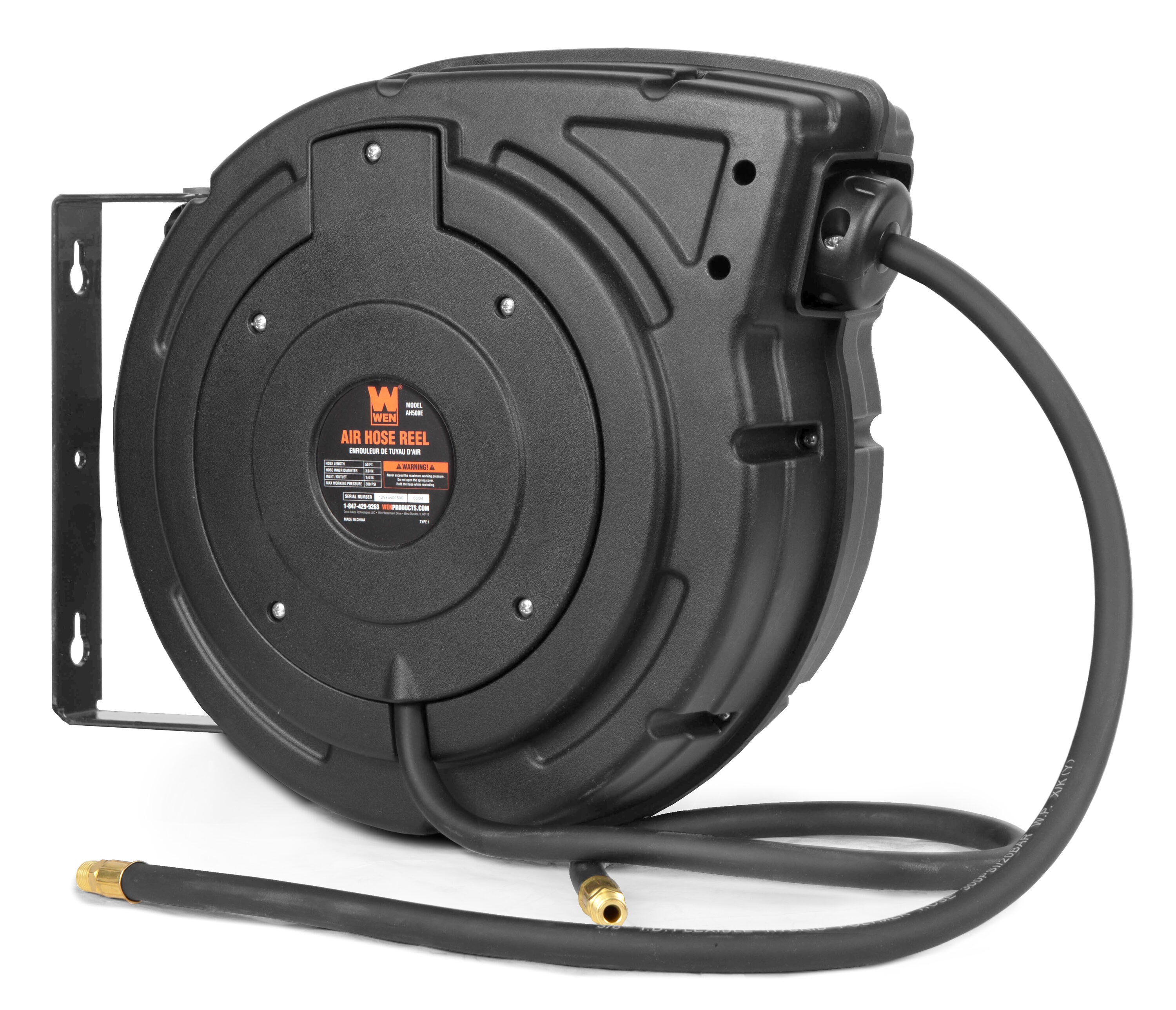 WEN AH500E 50-Foot by 3/8-Inch Hybrid Polymer 300 PSI Retractable Pneumatic Air Hose Reel