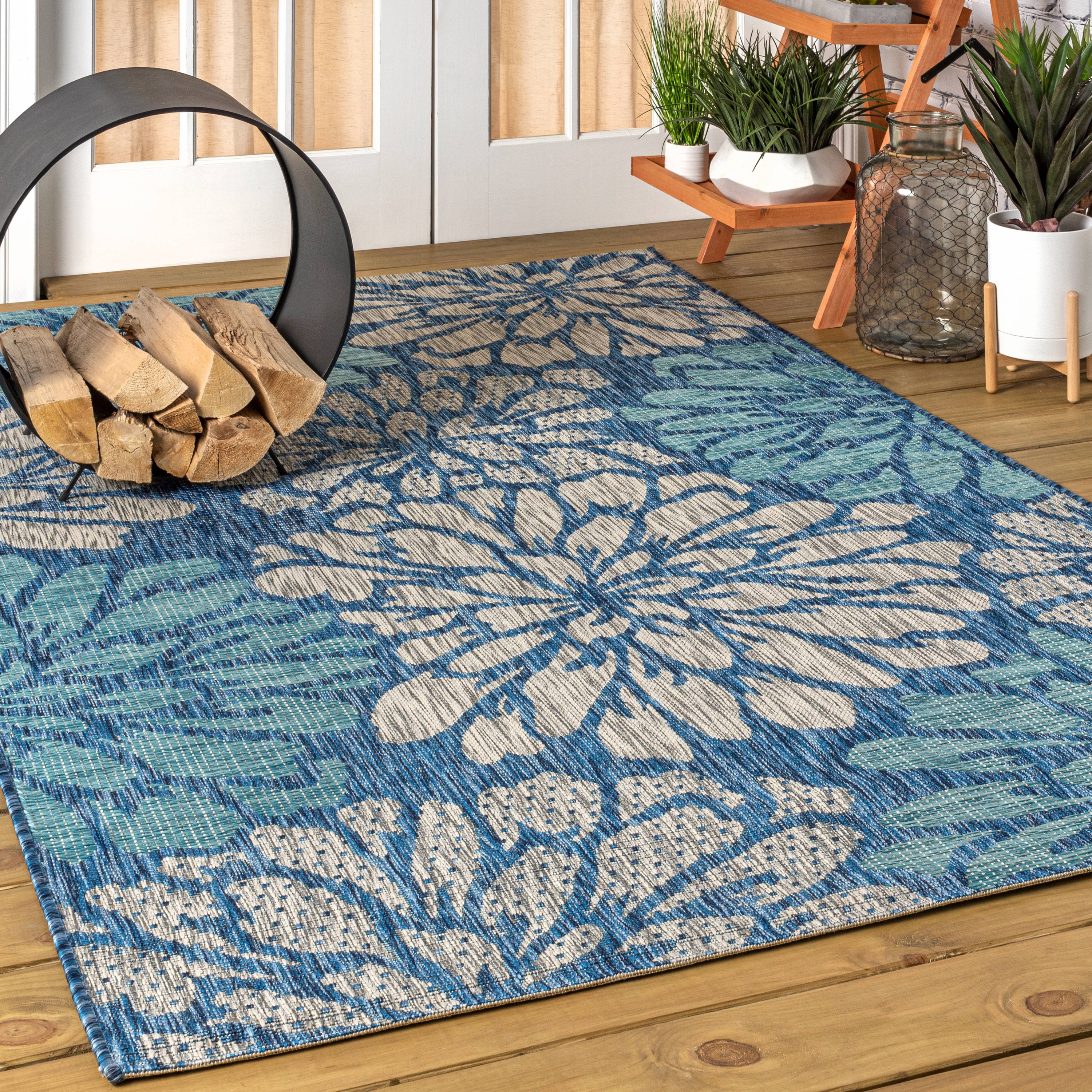 JONATHAN  Y SMB110C-6 SANTA MONICA Zinnia Floral Textured Weave 6 x 9 (ft) Polypropylene Navy/Aqua Rectangular Indoor Medallion Bohemian/Eclectic Area rug
