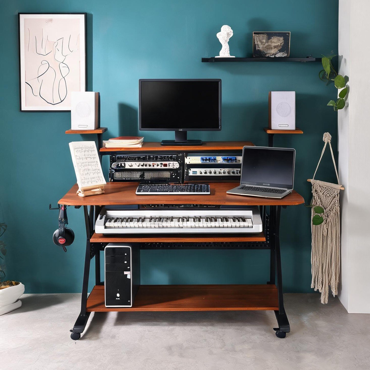 FlowLuxe Home Music Studio Desk in Rich Cherry with Ample Keyboard Tray ...