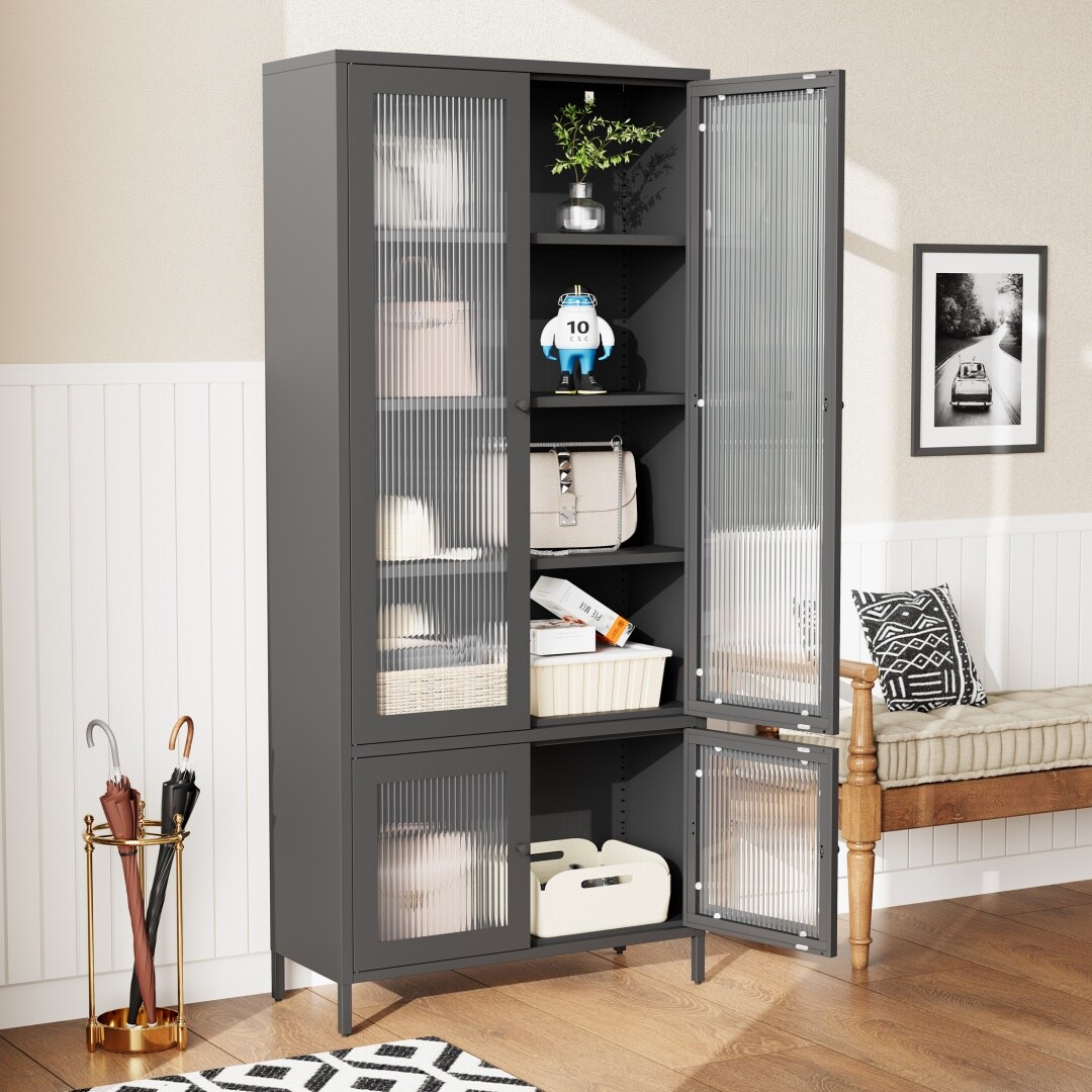 Open cabinet showing interior shelves and decorative items
