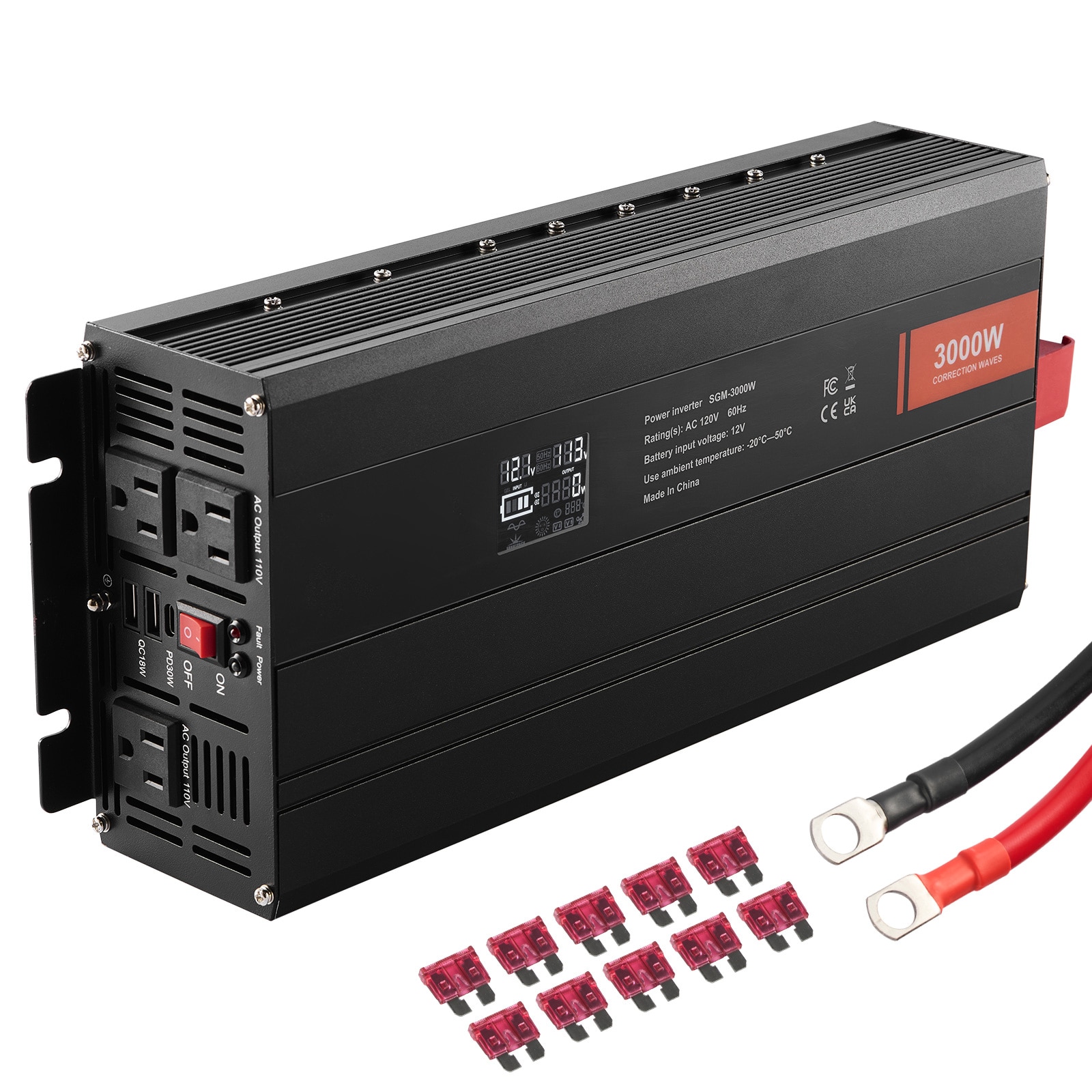 VEVOR SCXZXNBQ300002535V1 Modified Sine Wave Inverter  3000Watt  DC 12V to AC 120V LCD Display Power Inverter with 3 AC Outlets 2 USB Port 1 Type-C Port 10 Spare Fuses  for Large Household Equipment  CE FCC Certified