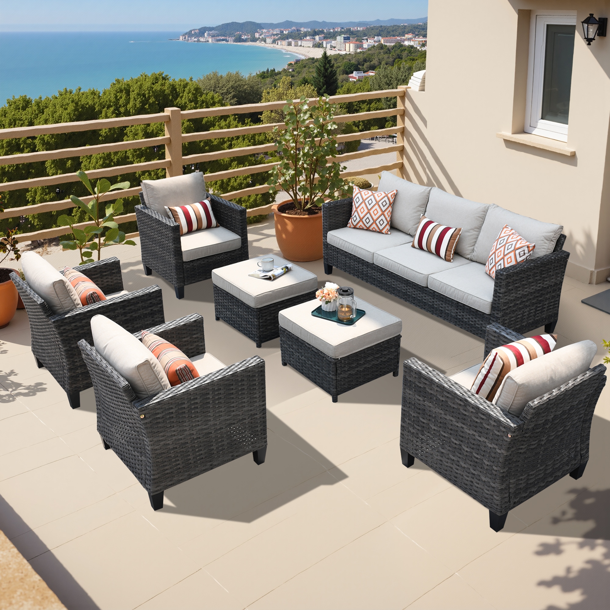 Ovios GRS006-7 7 -Piece Rattan Patio Sofa Conversation Set with Off-white Cushions