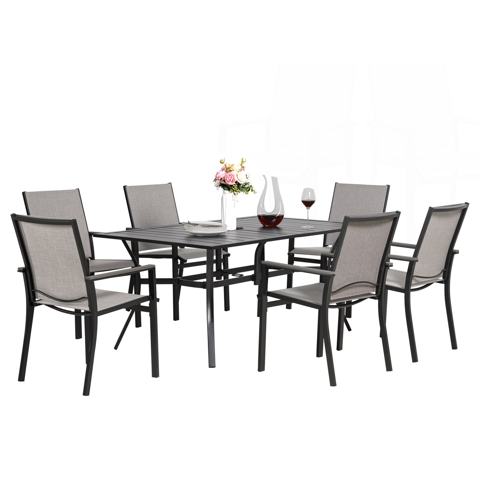 Mondawe MD-070-190 7 -Piece Black Patio Dining Set Iron Rectangle Table with 6 Stationary Chairs Fire Pit Included