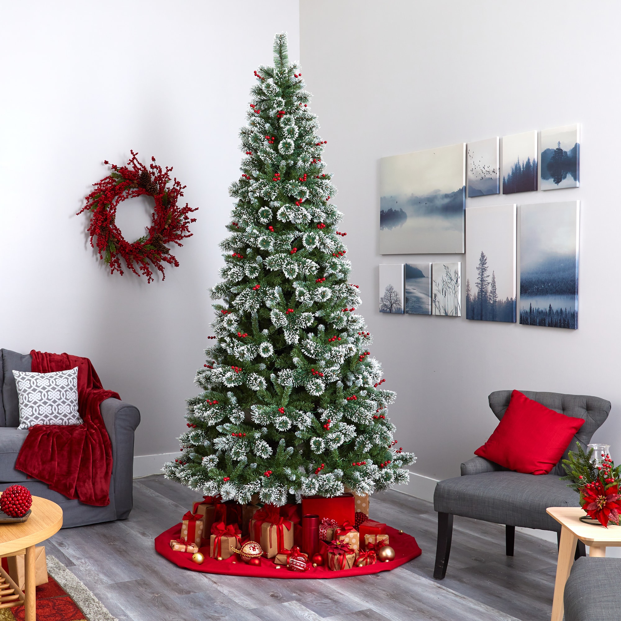Nearly Natural 9-ft Pine Pre-lit Flocked Artificial Christmas Tree with ...