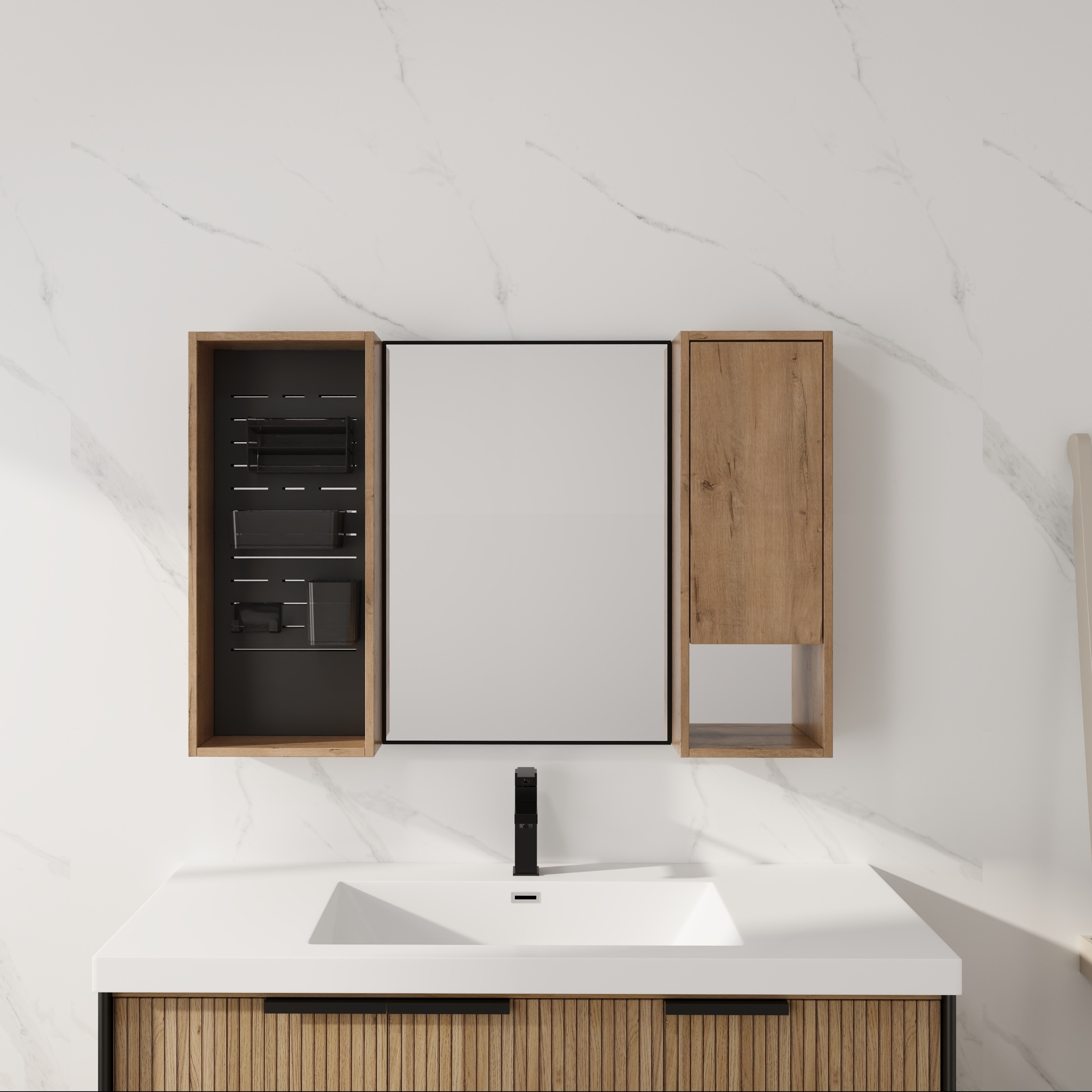 Forclover - Bathroom Mirror and Plywood Storage Cabinet Set 42-in x 28-in Surface Mount Imitative...