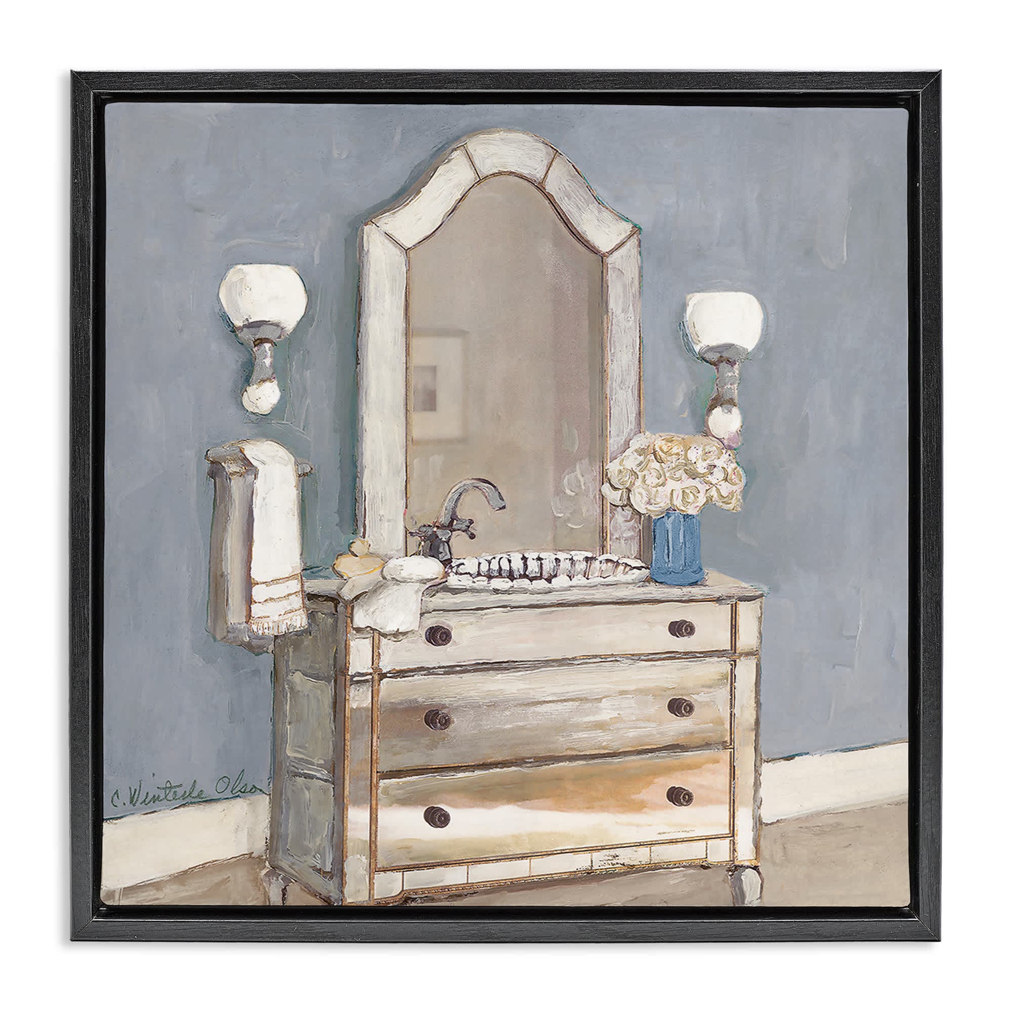 Stupell Industries BT-953-FFB-24X24 Bathroom Sink and Mirror Black Framed Floater Canvas Wall Art By Charlene Olson 25 x 25