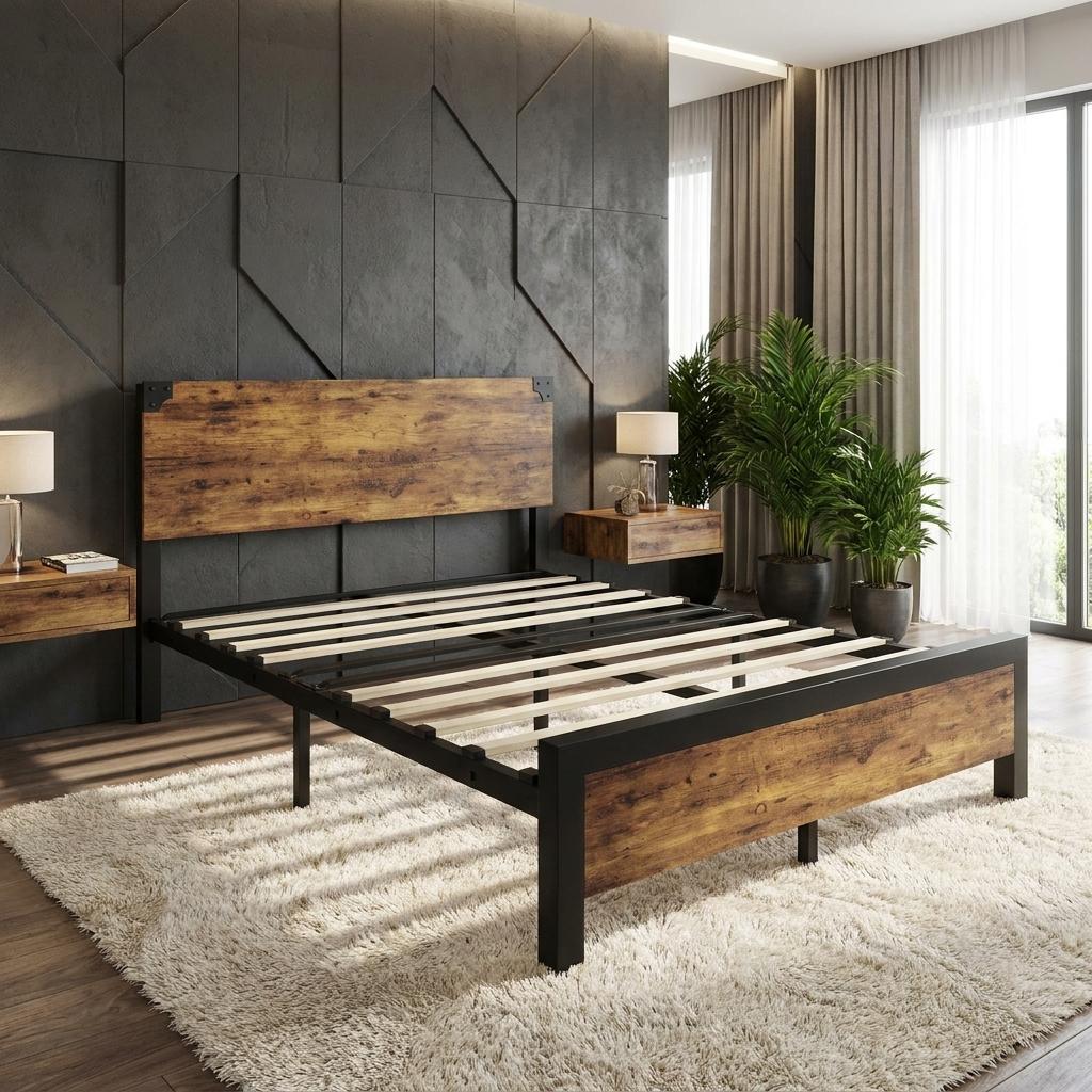 Encore Beets - Full Bed Frame Platform With Wood Headboard Under Bed Storage Noise Free Rustic Brown