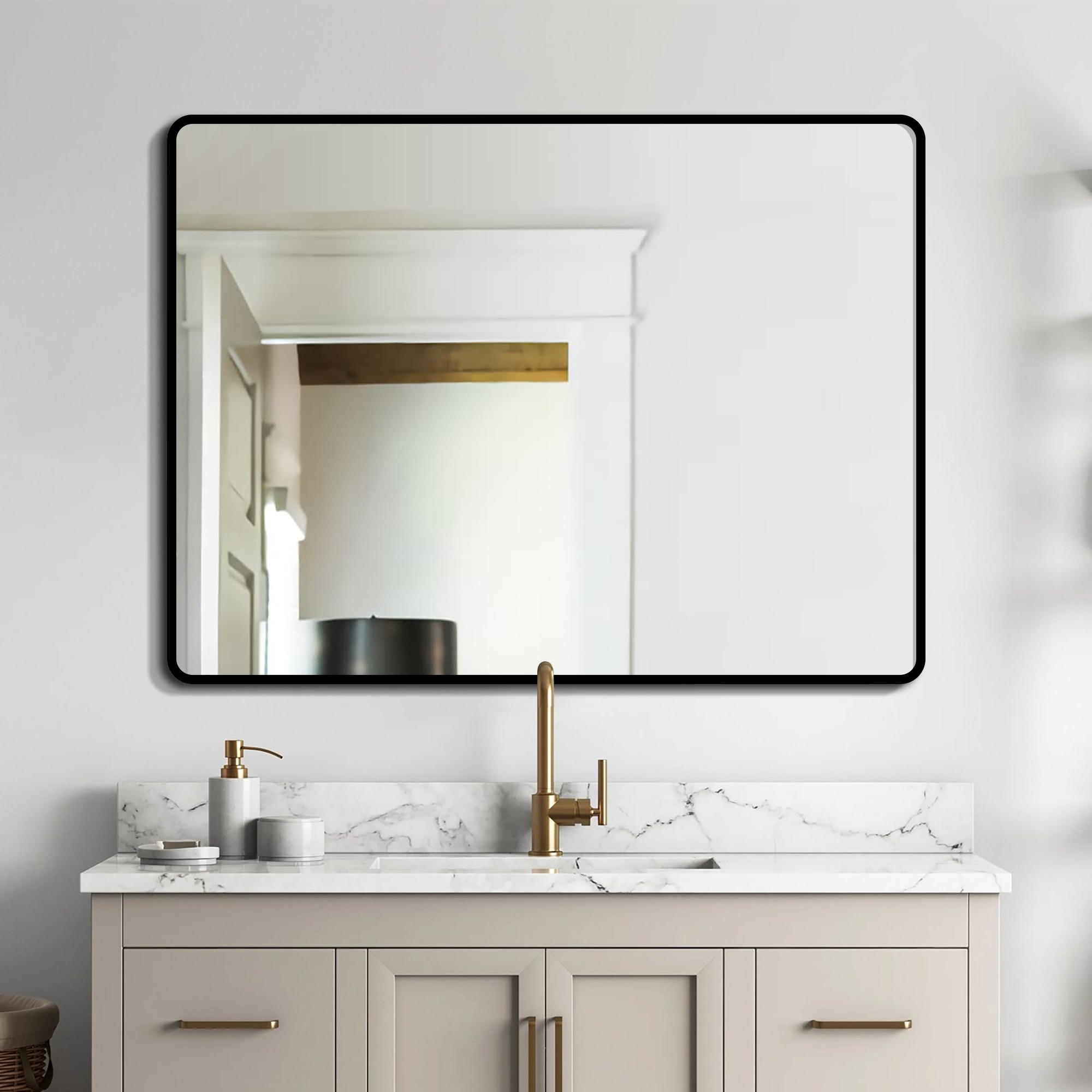 wellfor 48-in framed bathroom mirror 48-in w x 36-in h black rectangular  framed bathroom vanity mirror