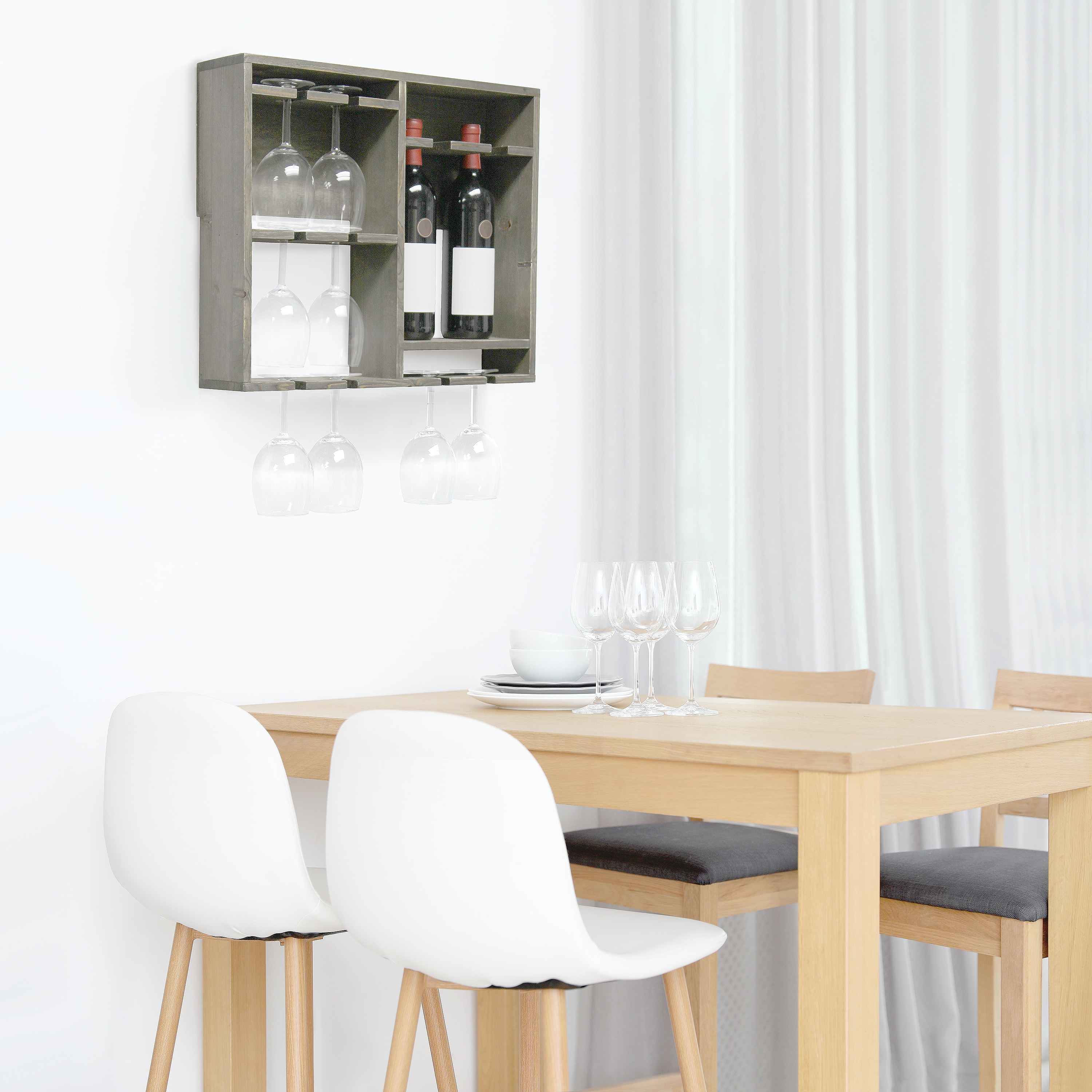 Rustic Gray Wall Mounted Wood Wine Rack with Glass Holder