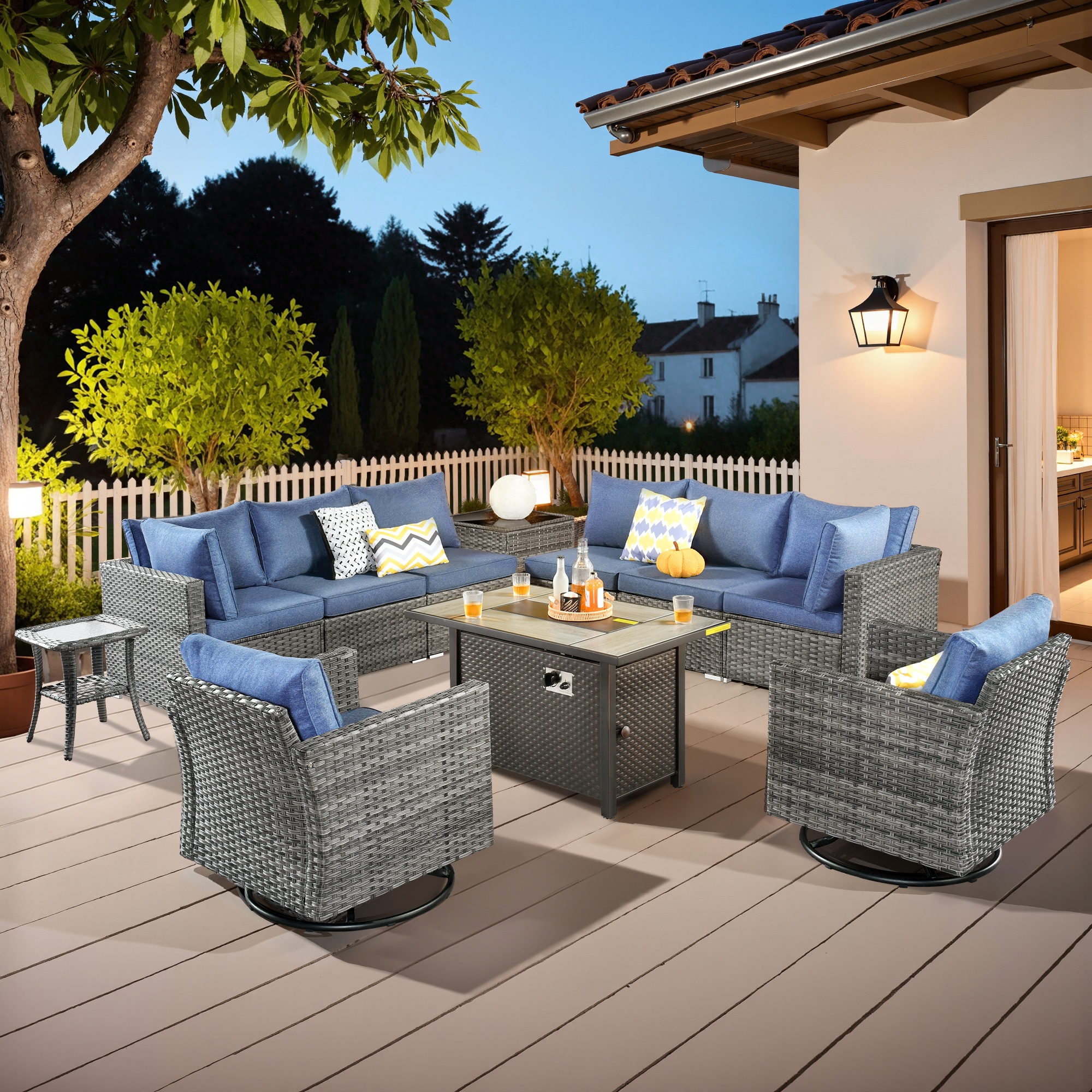 weaxty DCFP03RRS3011 Kuuga Rattan Outdoor Sectional with Blue Cushions and Steel Frame