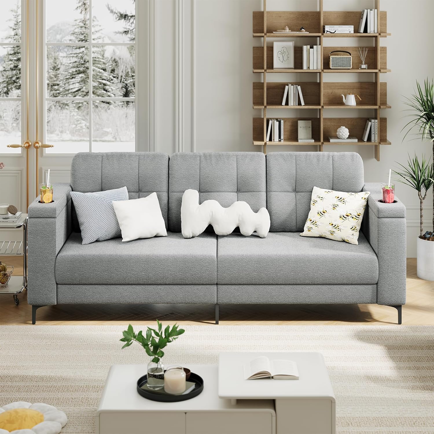 WhizMax PD-PHO-343FWUNS 84-Inch Living Room Sofa-Storage Armrests-Teddy Fleece Fabric-Cup Holders-Side Pockets-Light Gray