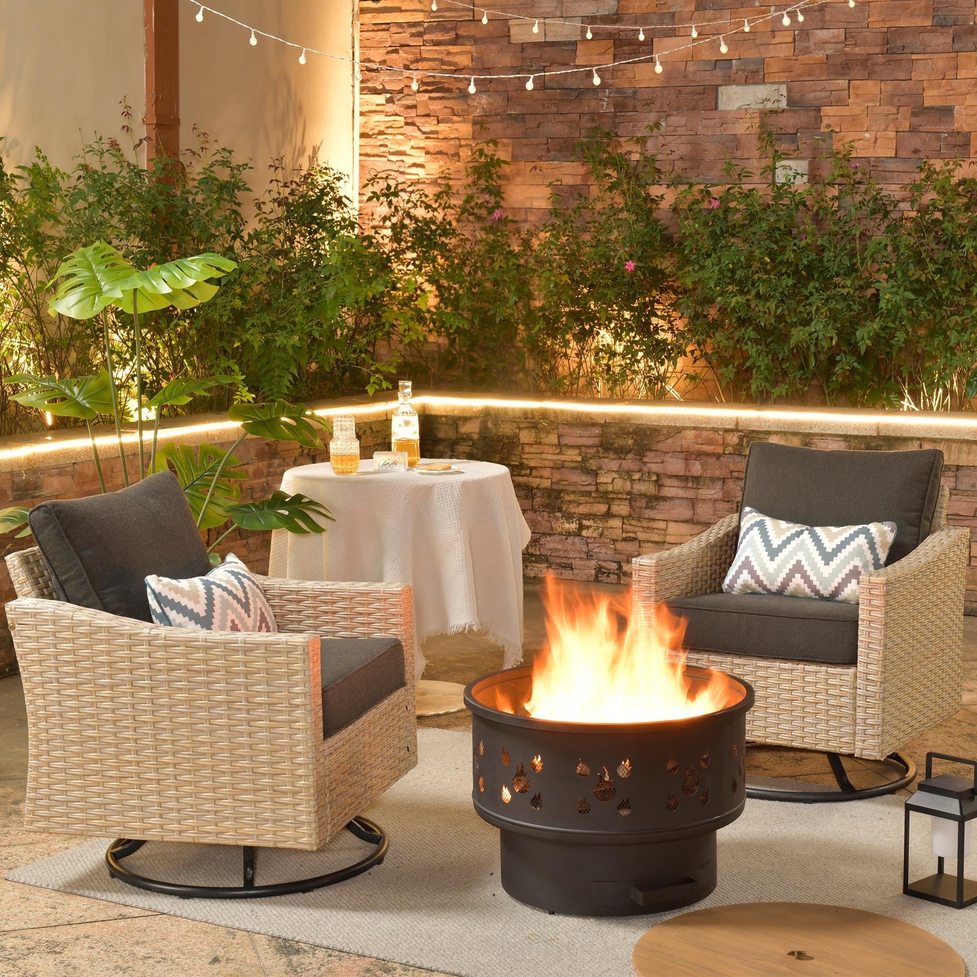 XIZZI XIDAR1033-RC2YMFP Aries 3-Piece Rattan Patio Conversation Set with Black Cushions