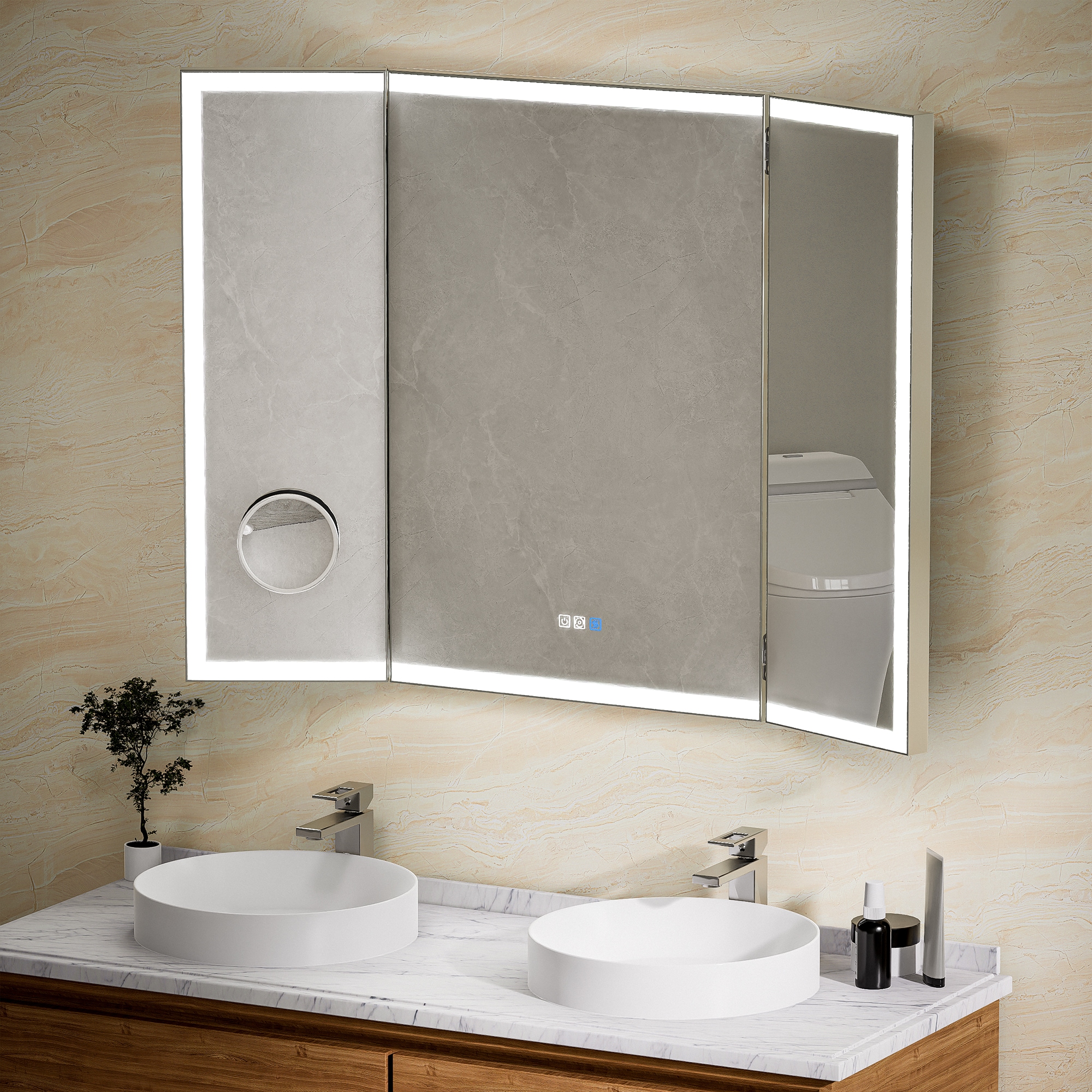 WELLFOR 18-in x 36-in Lighted Surface/Recessed Mount Black Mirrored Soft Close Medicine Cabinet