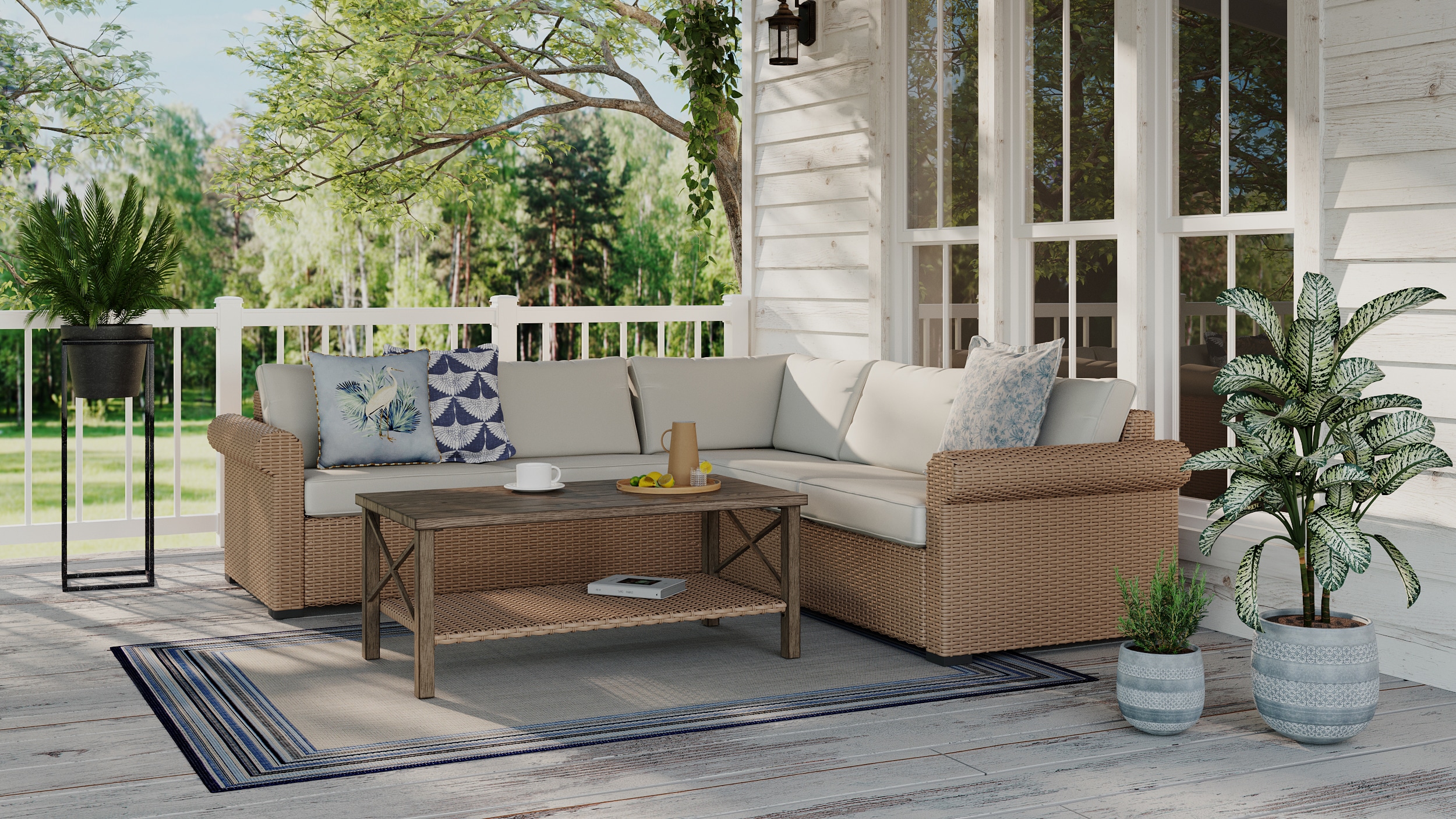allen + roth Emerald Cove Wicker Outdoor Sectional with Cream Cushion(S) and Steel Frame