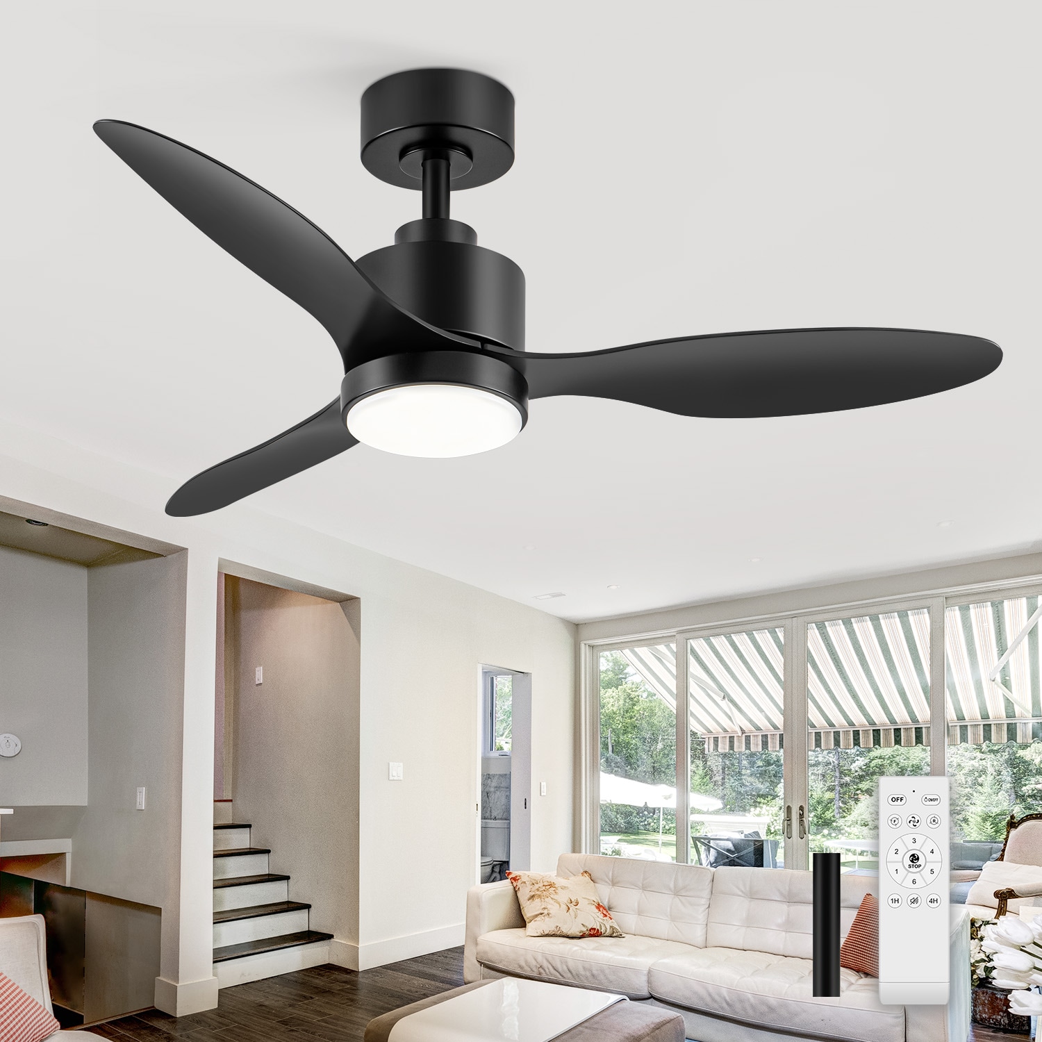 Breezary 32002-BK 42-in Color-Changing Integrated LED Black with Black Blades Chandelier Ceiling Fan With Light - Remote Included ( 3 -Blade )