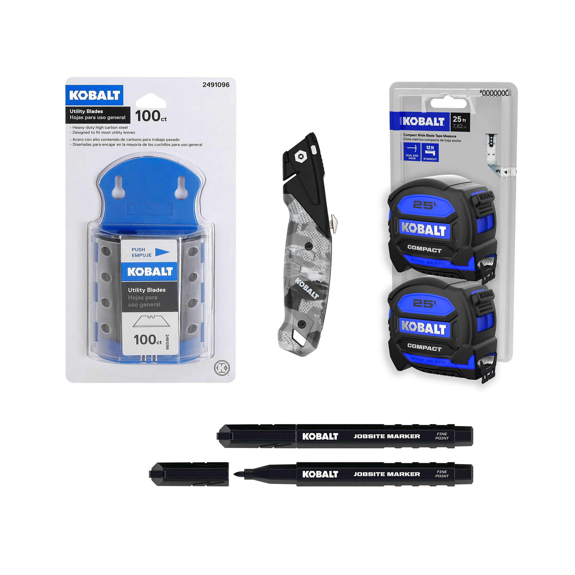 Kobalt 3-Blade Utility Knife, Tape Measure, Razor Blade, & Jobsite Marker Kit