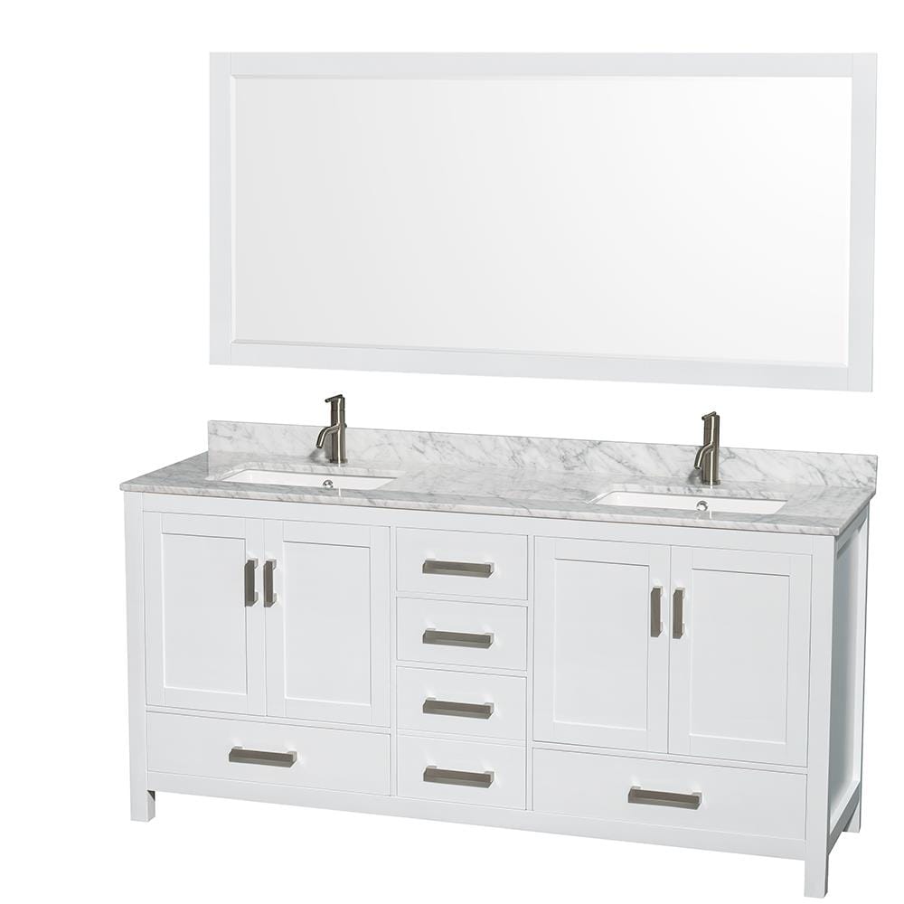 Wyndham Collection Sheffield 72-in White Double Sink Bathroom Vanity with White Carrara Marble Natural Marble Top (Mirror Included)