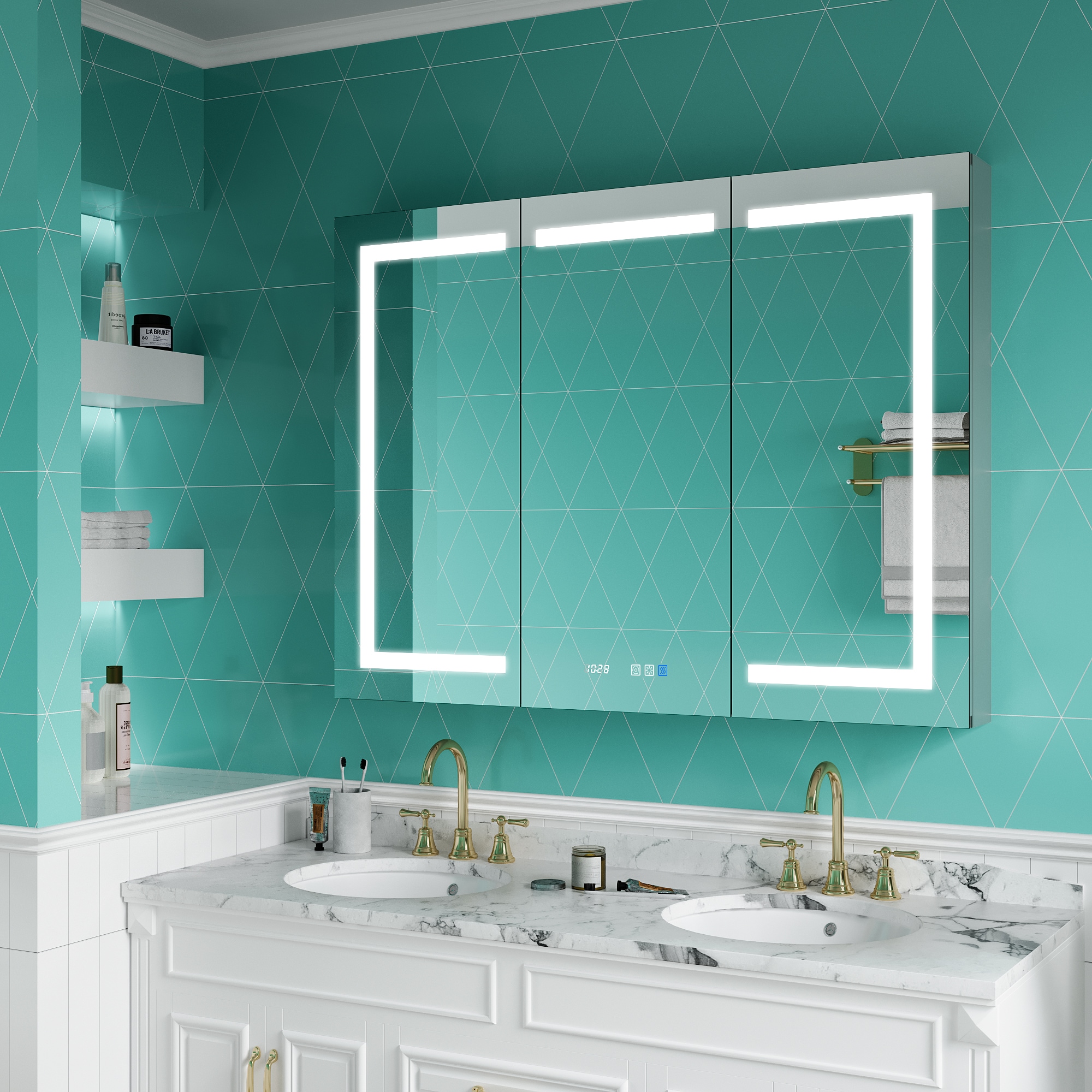 ExBrite EBMC4836V4TX Ethos 48-in x 36-in Lighted LED Fog Free Surface/Recessed Mount Silvery Gray Mirrored Rectangle Soft Close Medicine Cabinet with Outlet