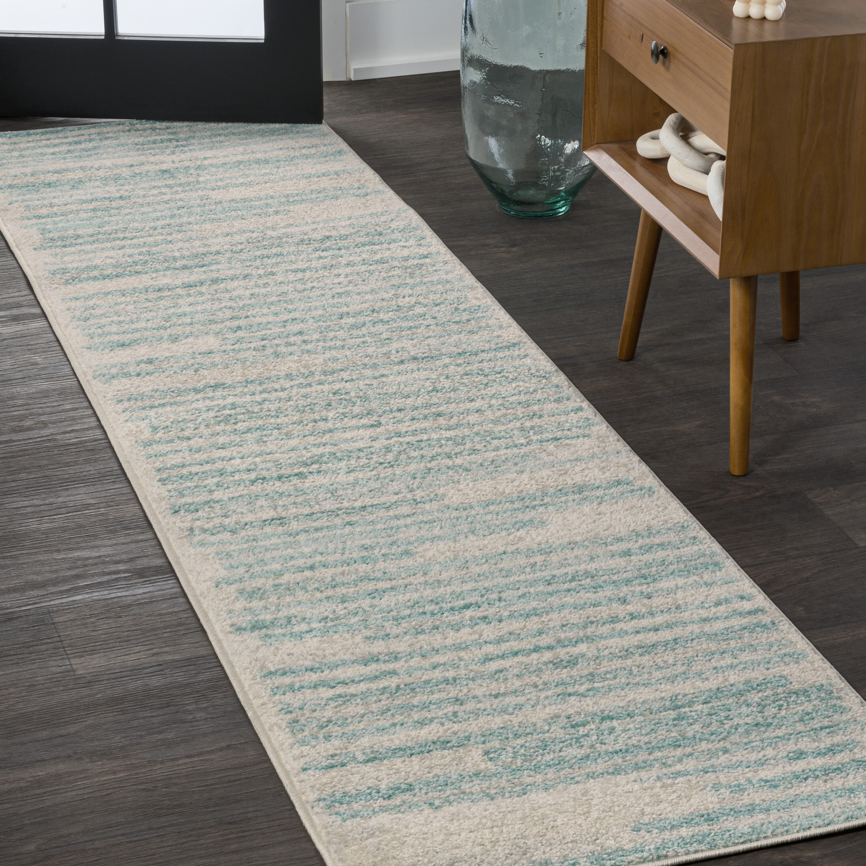 JONATHAN  Y MOH207B-28 Moroccan HYPE Khalil 2 x 8 (ft) Polypropylene Cream/Turquoise Rectangular Indoor Stripe Moroccan Runner rug