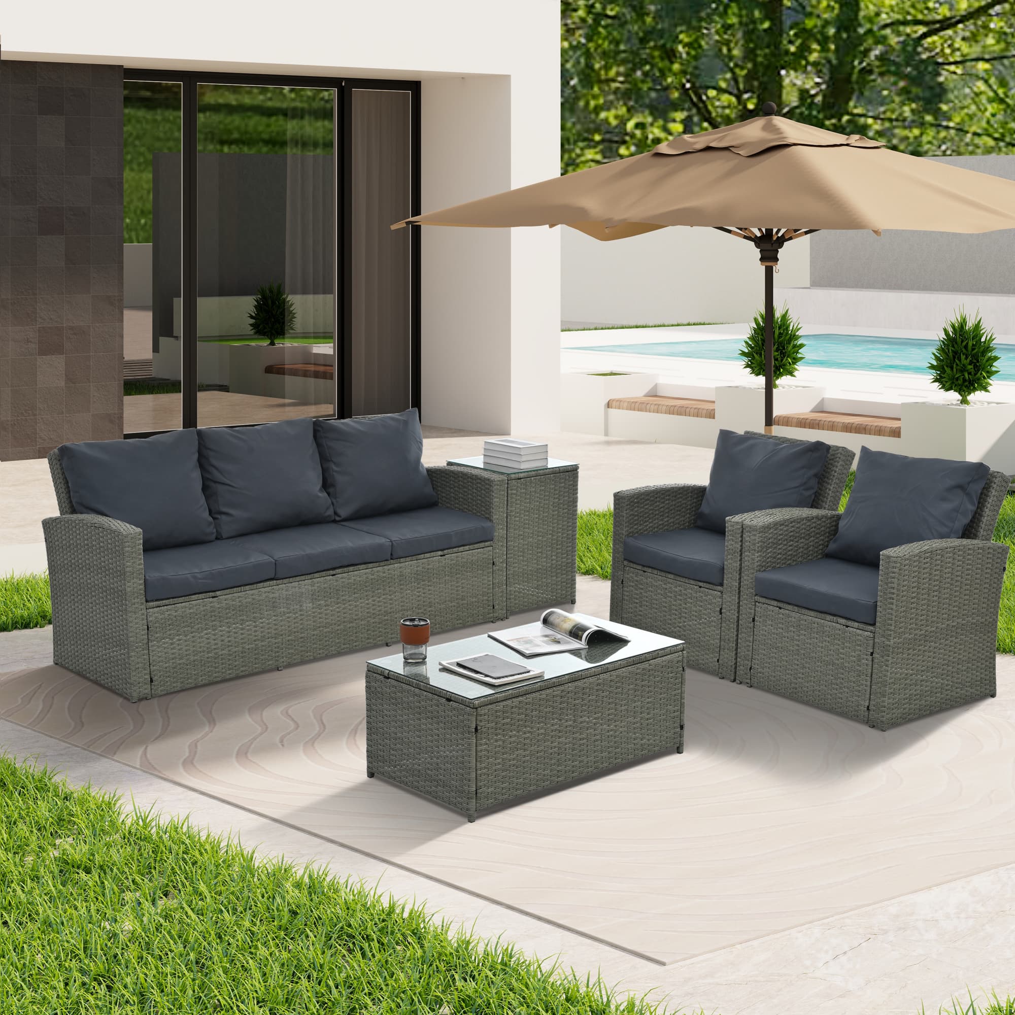 Runesay XIPCS131 5 -Piece Wicker Patio Sofa Conversation Set with Gray Cushions