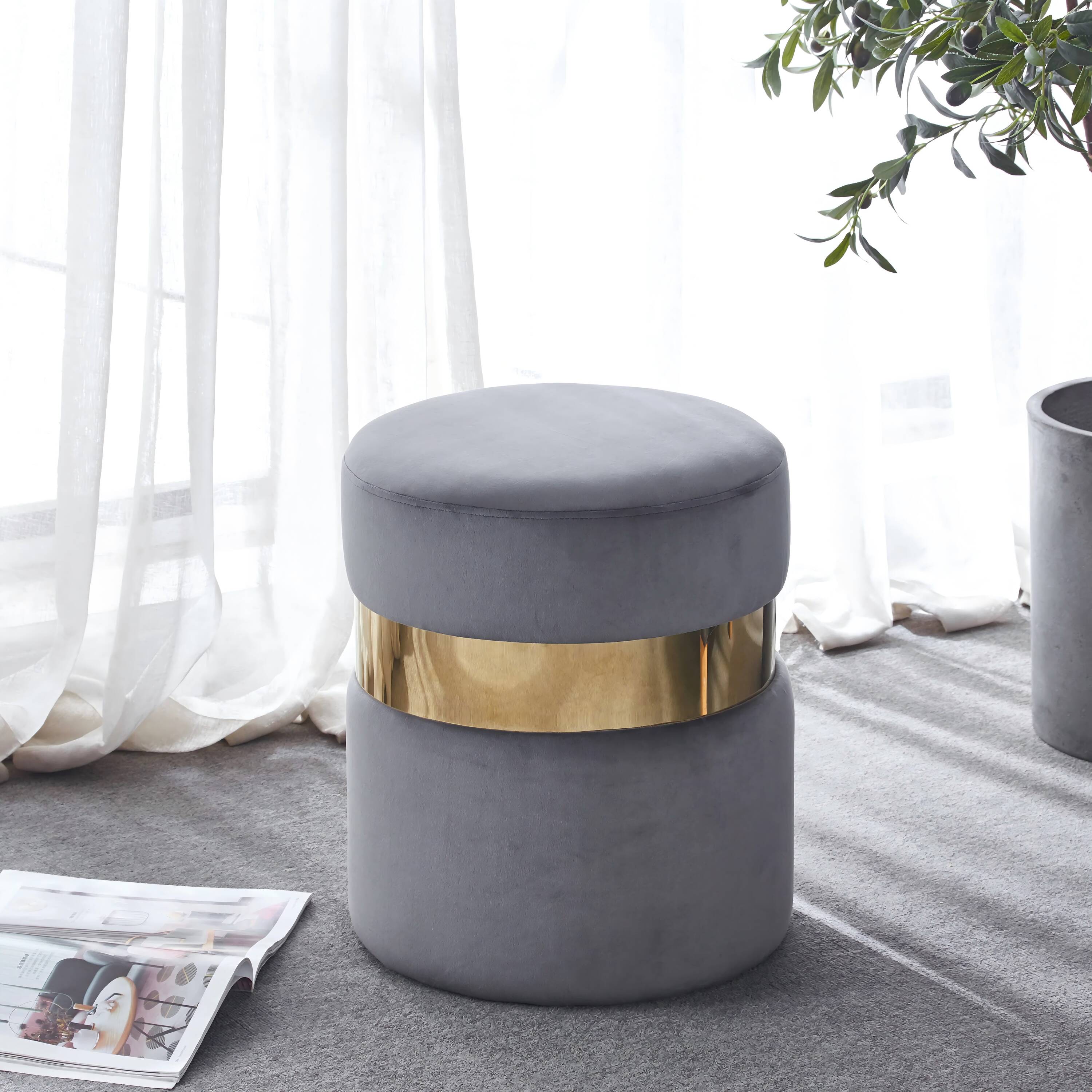 LTMATE LSG03GY Modern Grey Velvet Round Ottoman