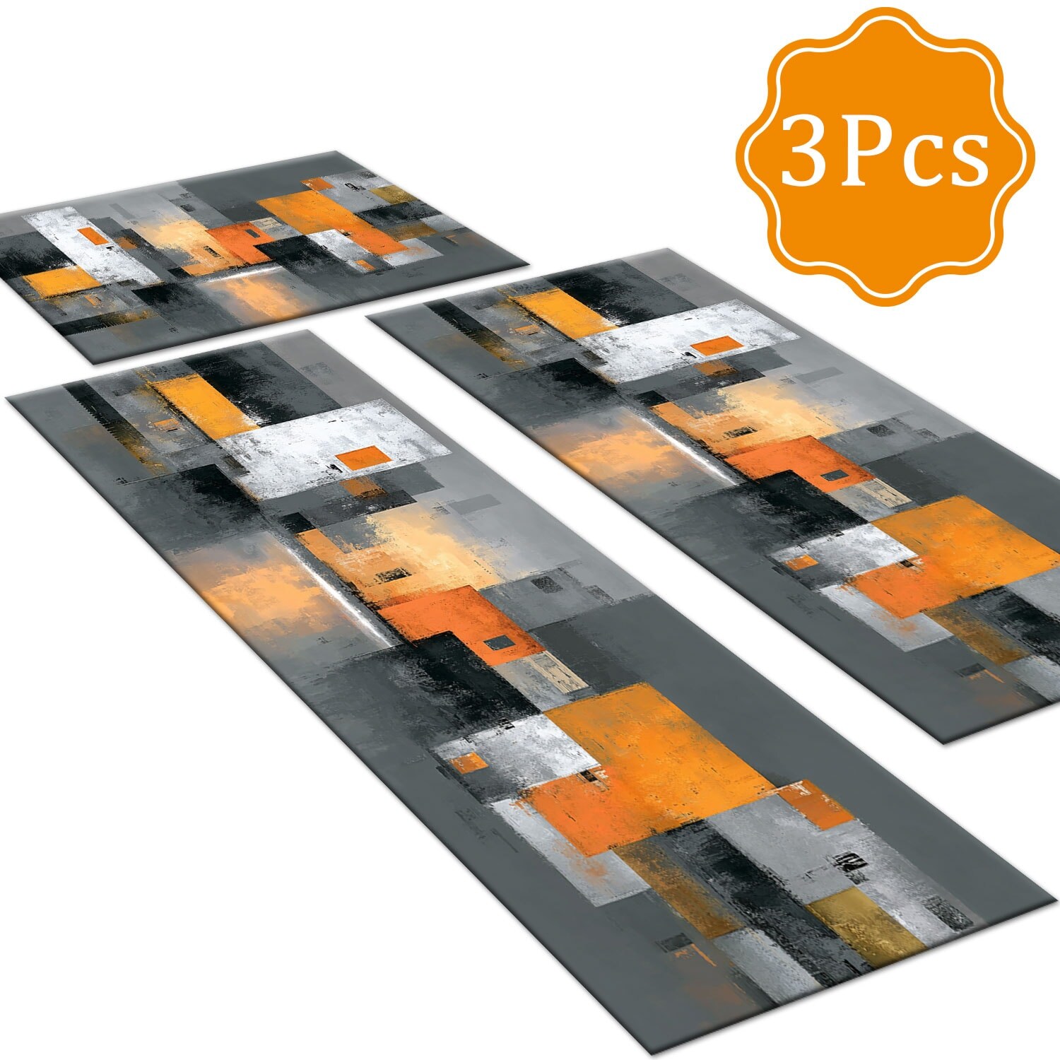 3-Piece Indoor Rug Set Non-Slip Washable Runner Mats Soft Floor Mats for Kitchen Laundry Hallway and Entryway 20x32in 20x47in 20x60in Grey and Orange Modern Mix