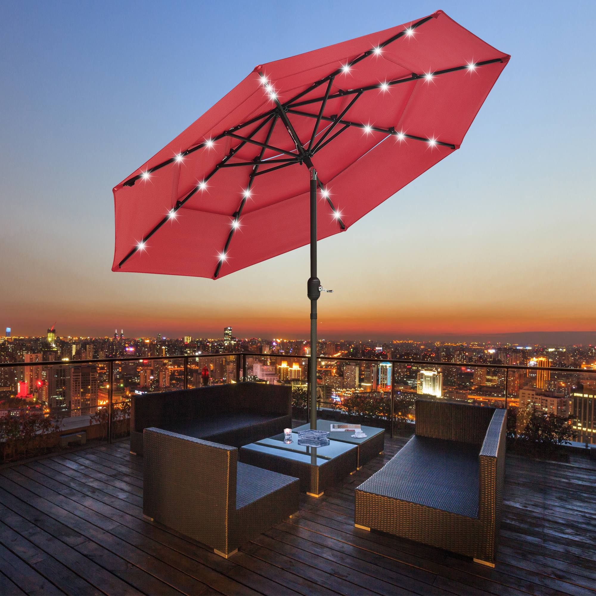 Yescom 07UMB041-3T9L-02-LO 9 Ft 3 Tier Patio Umbrella with Solar LED Crank Tilt Button Aluminum UV70+ Home