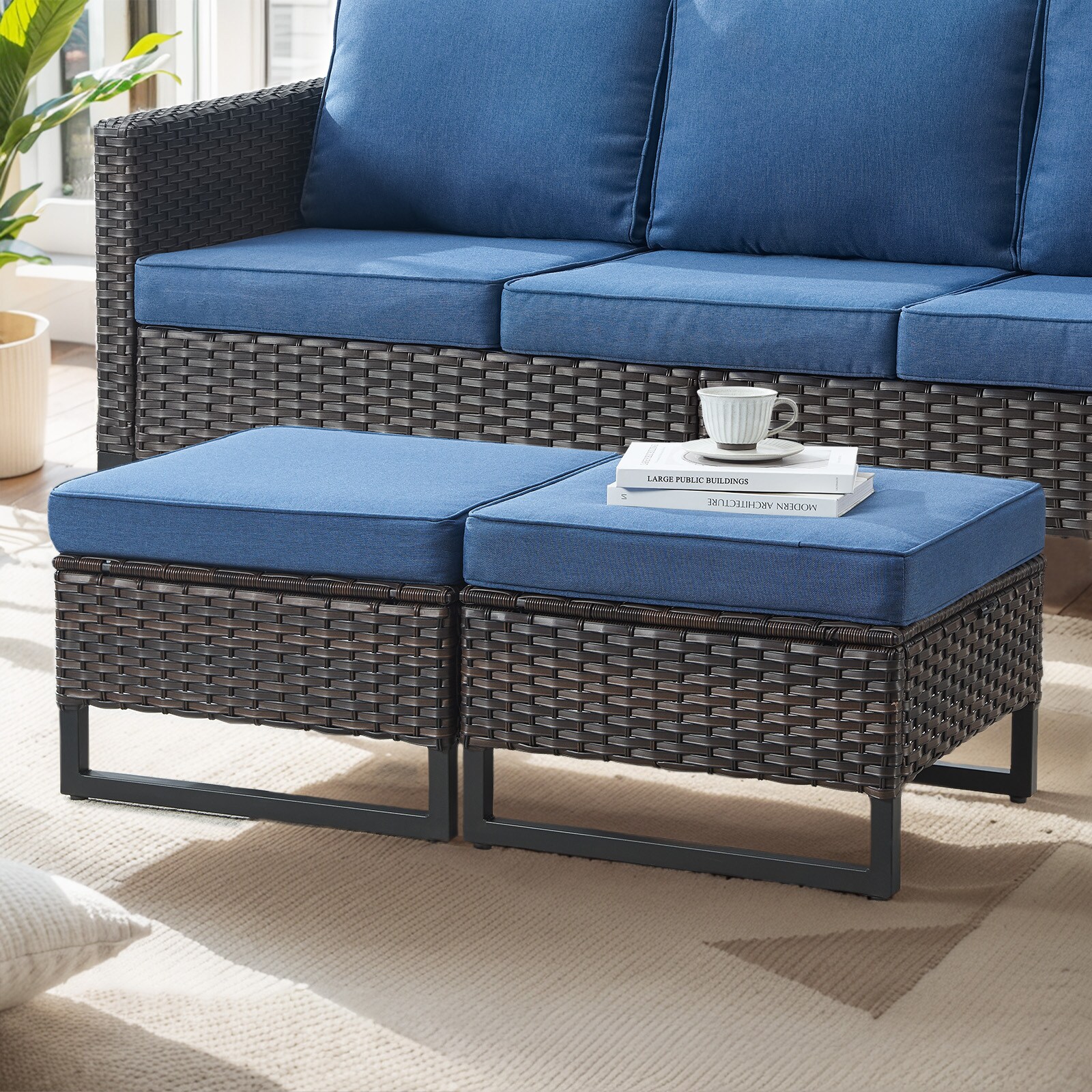 Blue Cushioned Wicker Outdoor Ottomans with Metal Frame, Set of 2