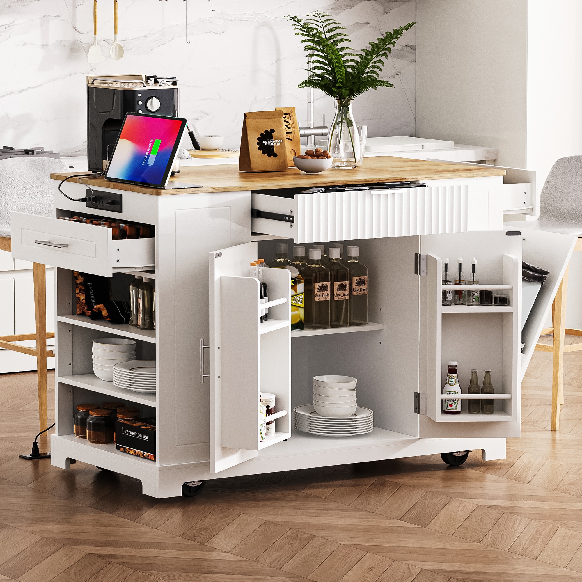 BABOOM BOM-7035AAN-OR White MDF Base with Wood Rolling Kitchen Island ( 20.5-in x 48.5-in x 36.4-in )