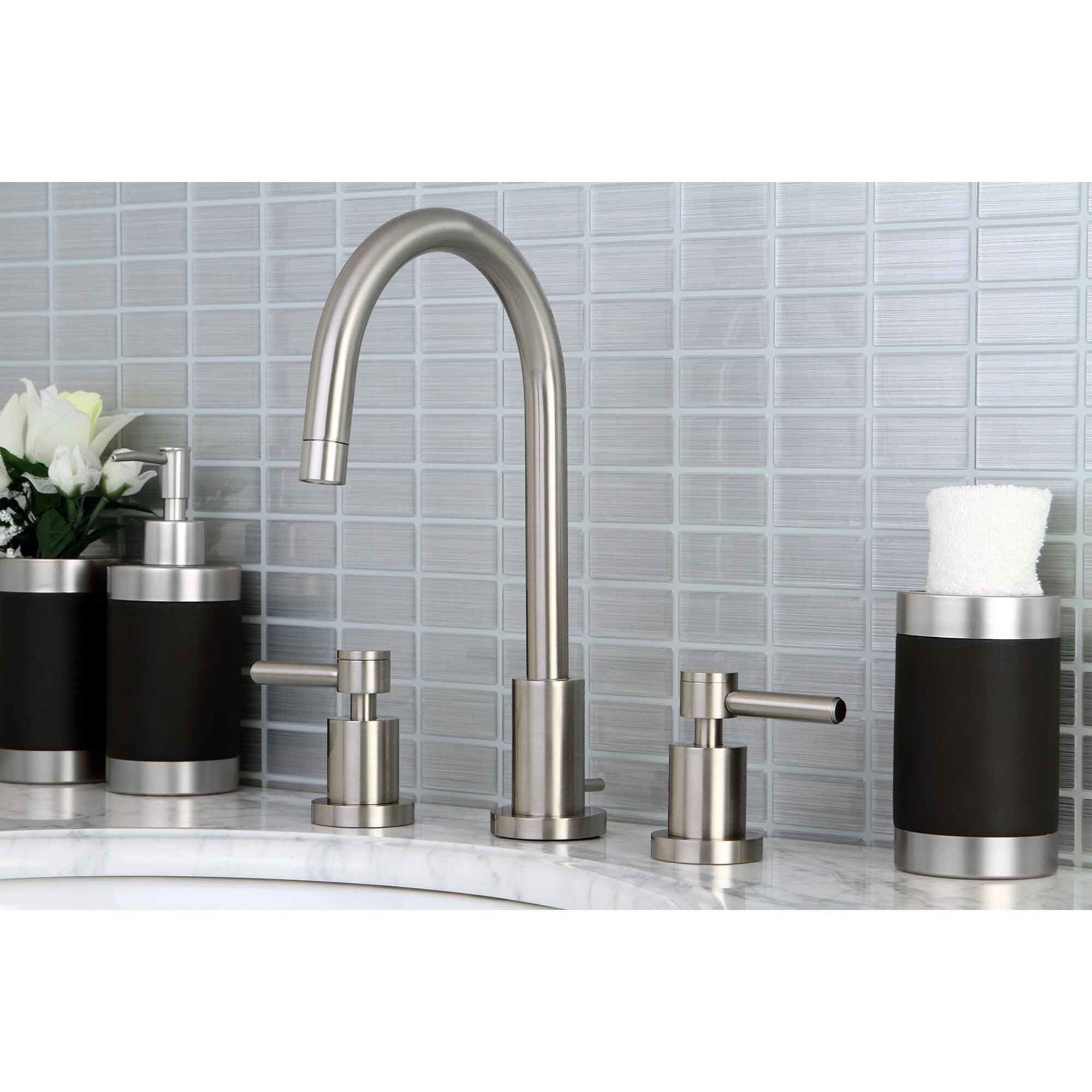 Elements of Design ES8958DL Satin nickel Widespread 2-handle High-arc Residential Handle Bathroom Sink Faucet with Drain