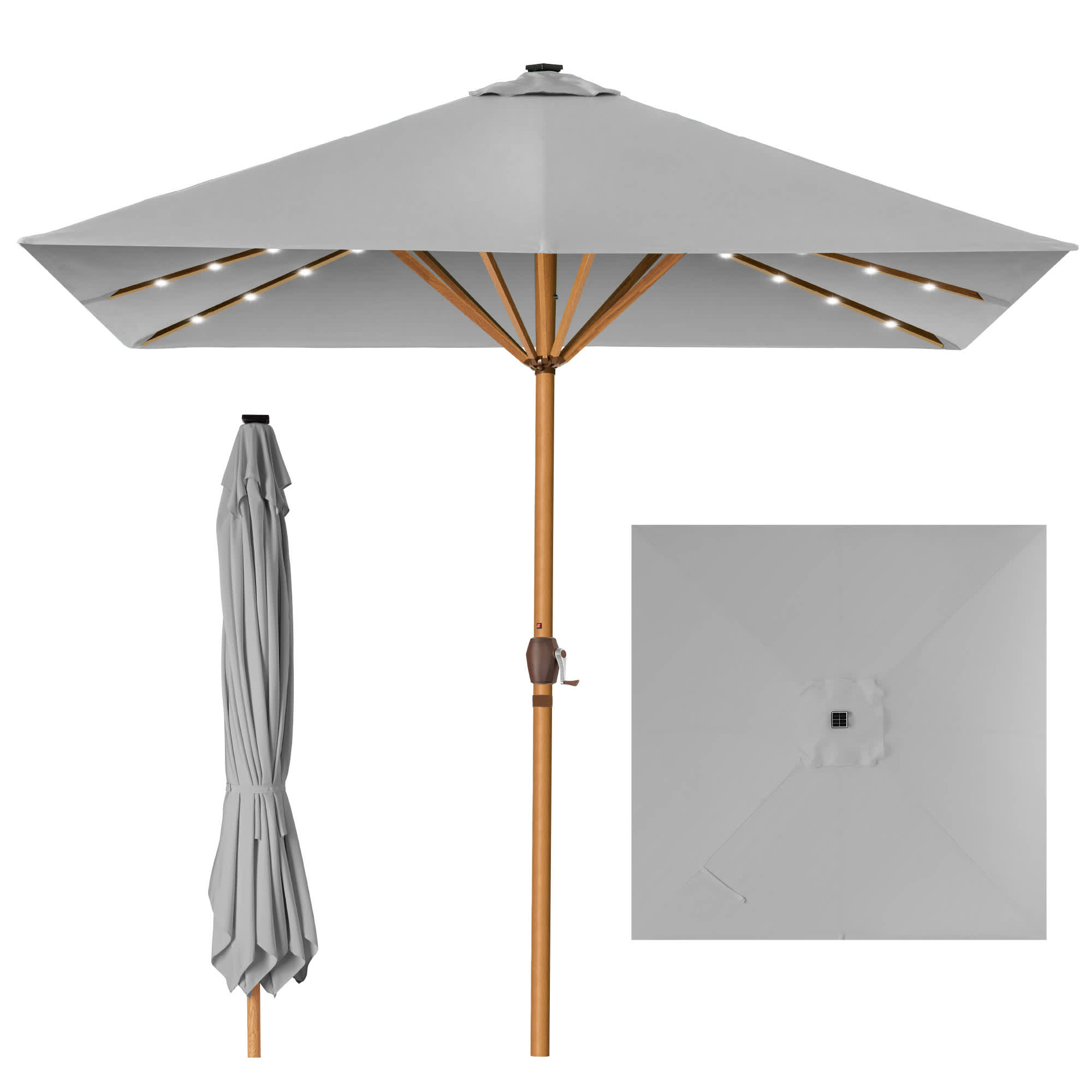 Best Choice Products SKY7966 9ft Deep Square Solar LED Lighted Patio Umbrella w/ Woodgrain Pattern UV-Resistant - Fog Gray