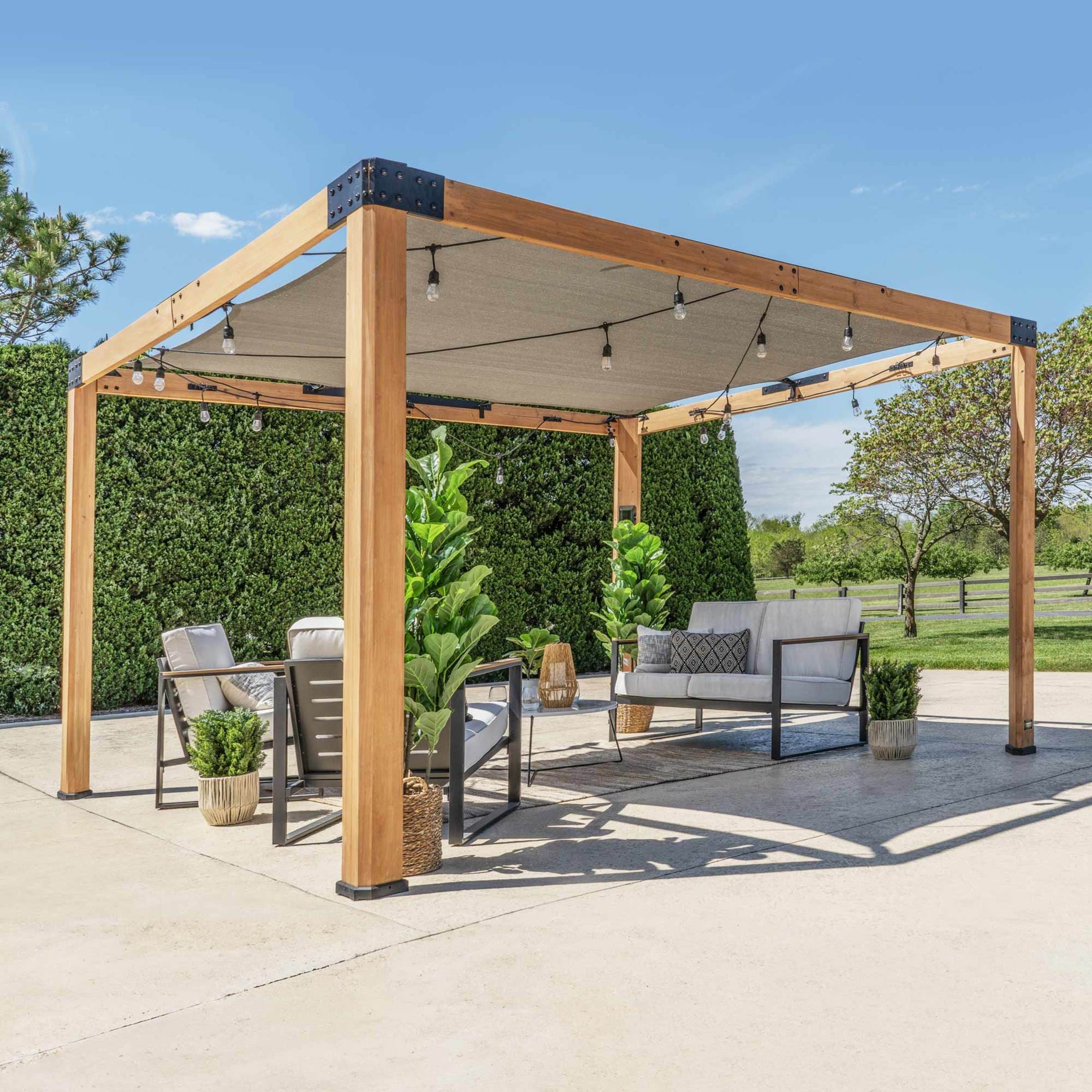 Backyard Discovery 2305076COM Brendan 10-ft W x 12-ft L x 7-ft 3-in H Brown Wood Freestanding Pergola with Canopy