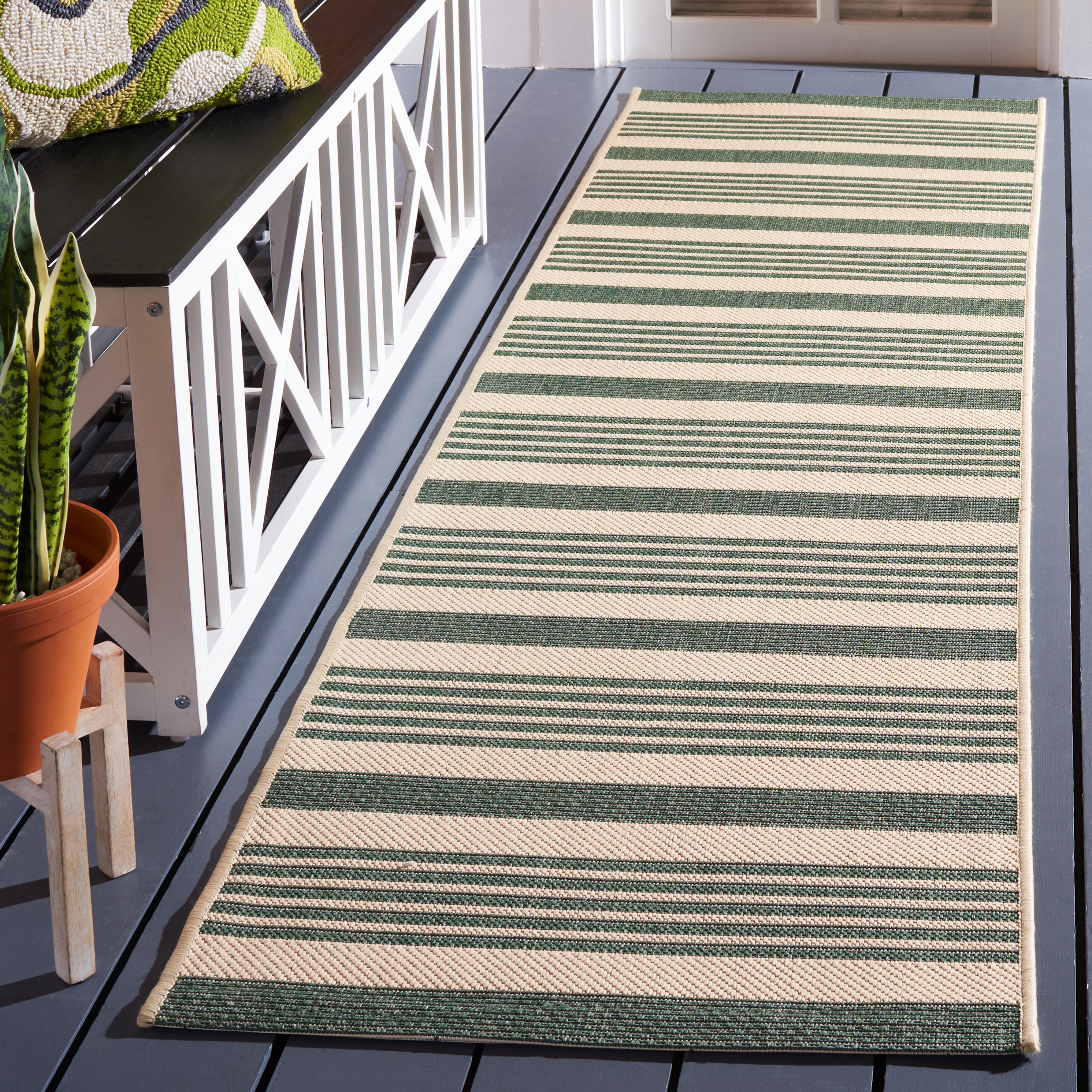 Safavieh CY6062-322-212 Courtyard 2 x 12 (ft) Loomed Synthetic Beige/Dark Green Rectangular Indoor/Outdoor Stripe Runner rug