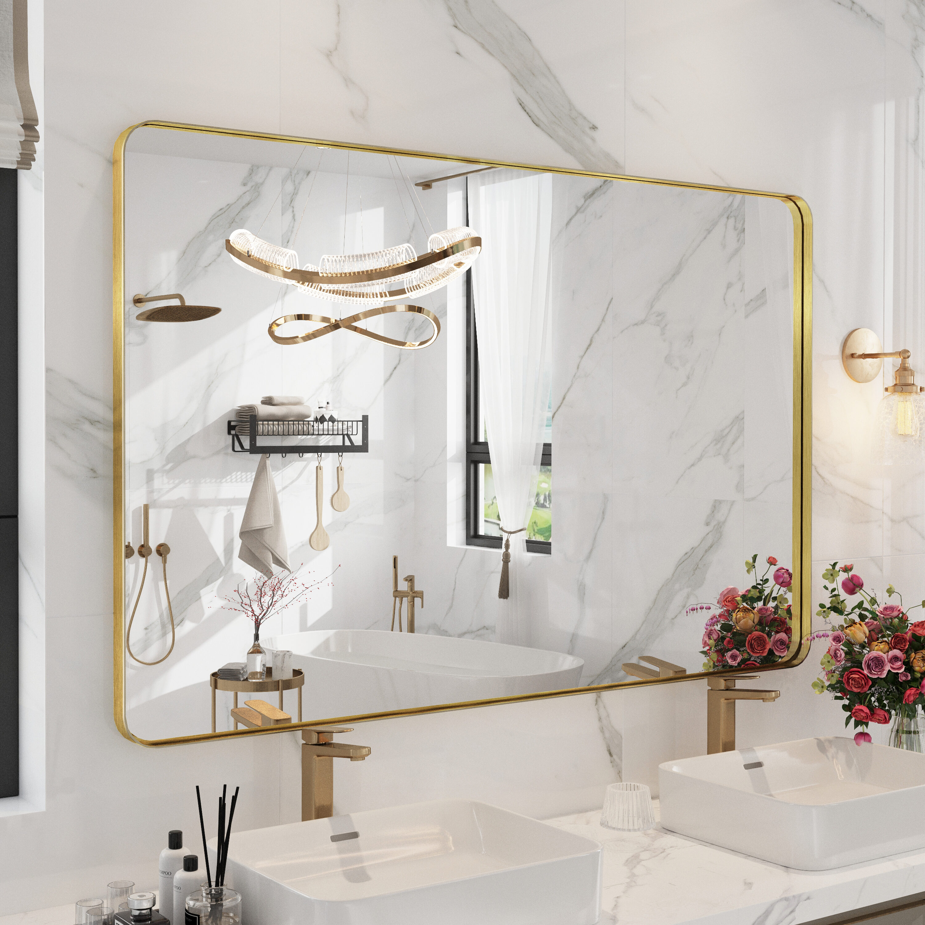 Yulika Ptjz 55-in x 36-in Framed Rectangle Bathroom Vanity Mirror ( Gold )