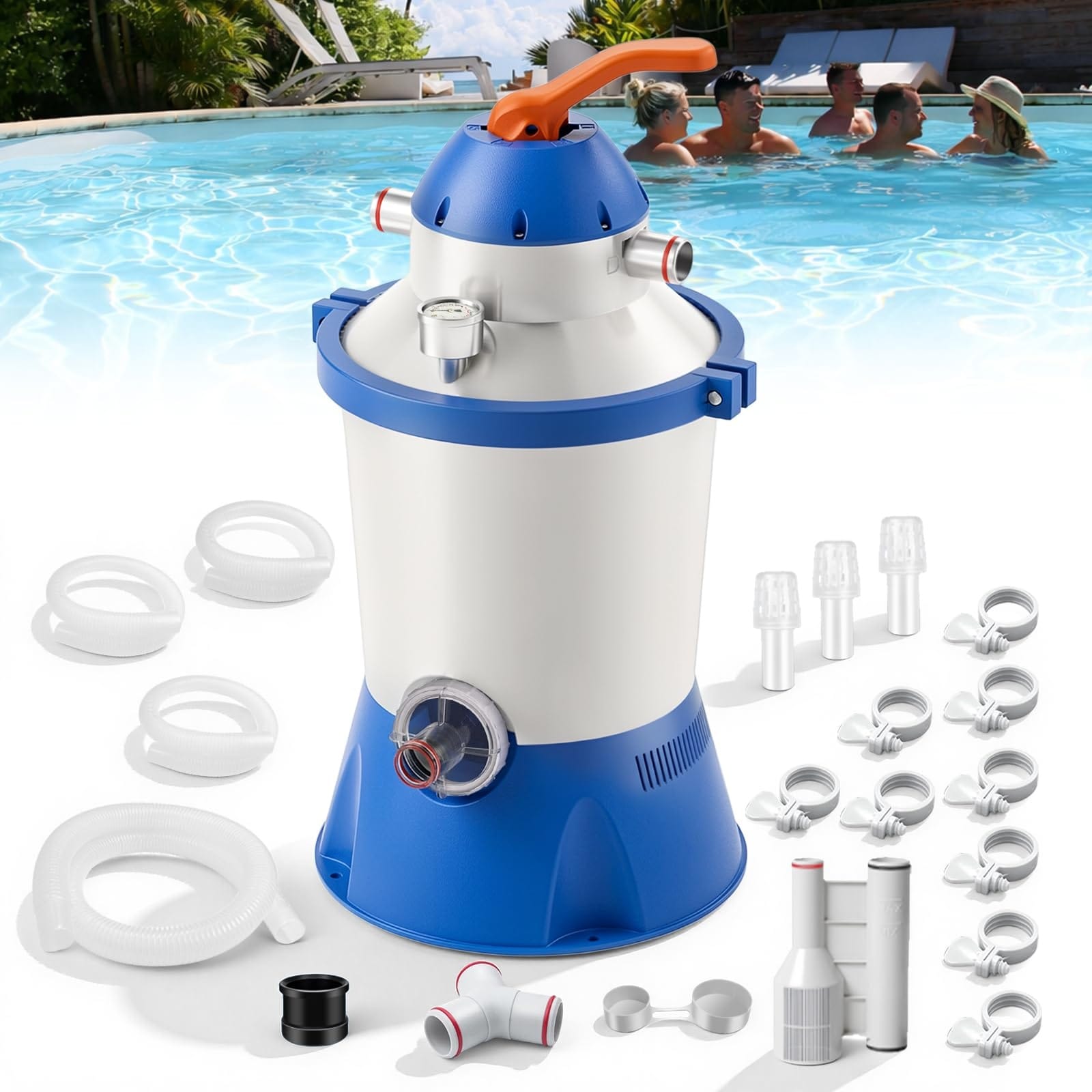 Anqtovp  1000 GPH Above Ground Pool Sand Filter Pump 6 Way Valve ETL Certified GFCI Plug Energy Saving Low Noise Easy Maintenance 1 Piece