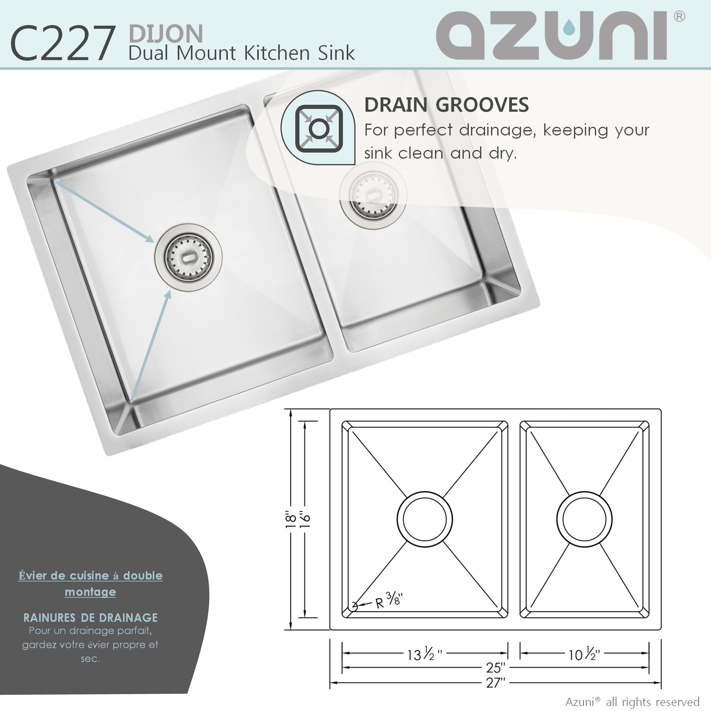 Azuni Undermount 27-in x 18-in Brushed Satin Stainless Steel Double ...