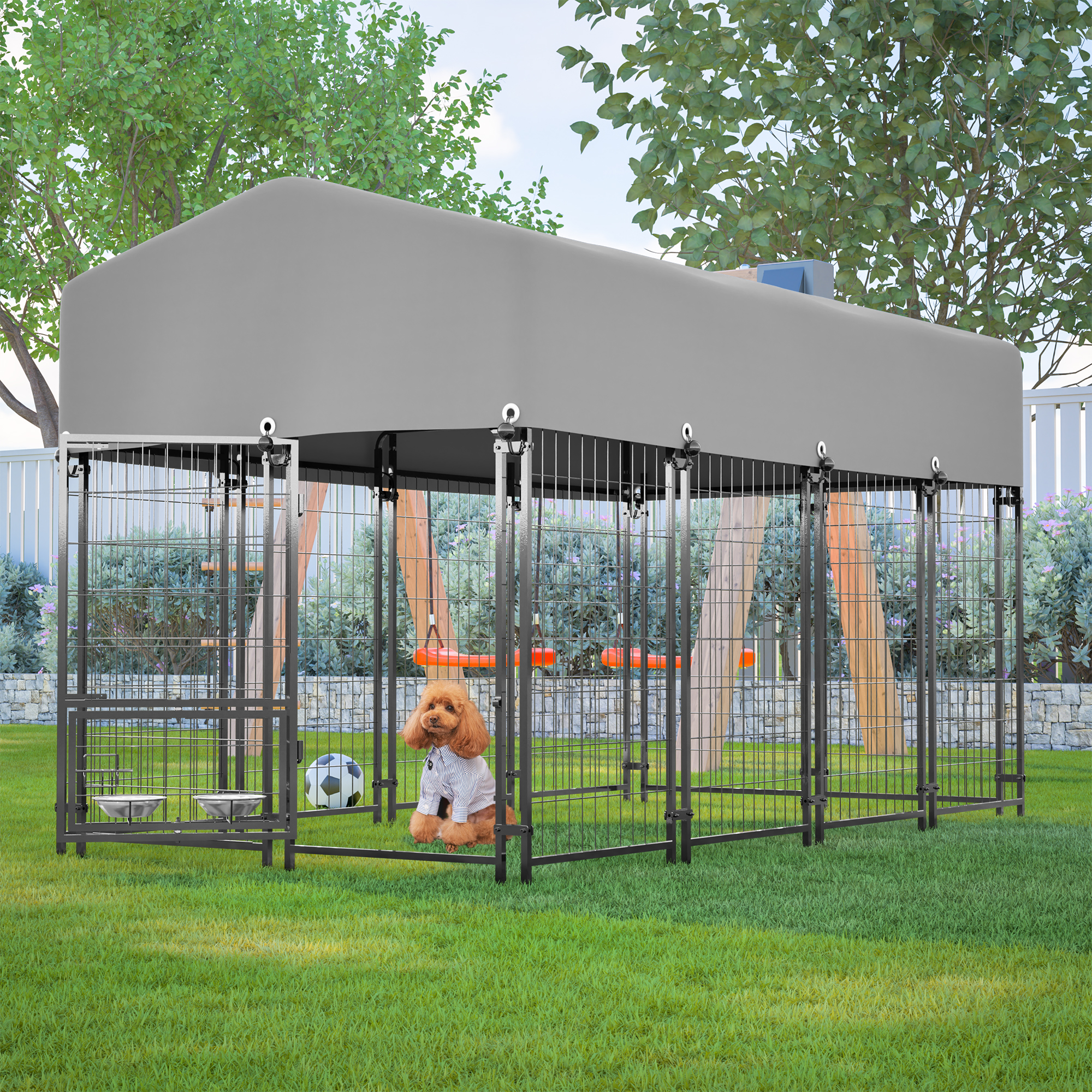 GDFStudio Strickland Industrial 4x8 FT Large Outdoor Metal Dog Kennel with Waterproof Roof and Dual Lock Roof Welded Wire Enclosure and Feeder - Grey