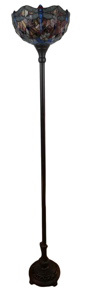 Elegant Dragonfly Torchiere Floor Lamp with Stained Glass Shade