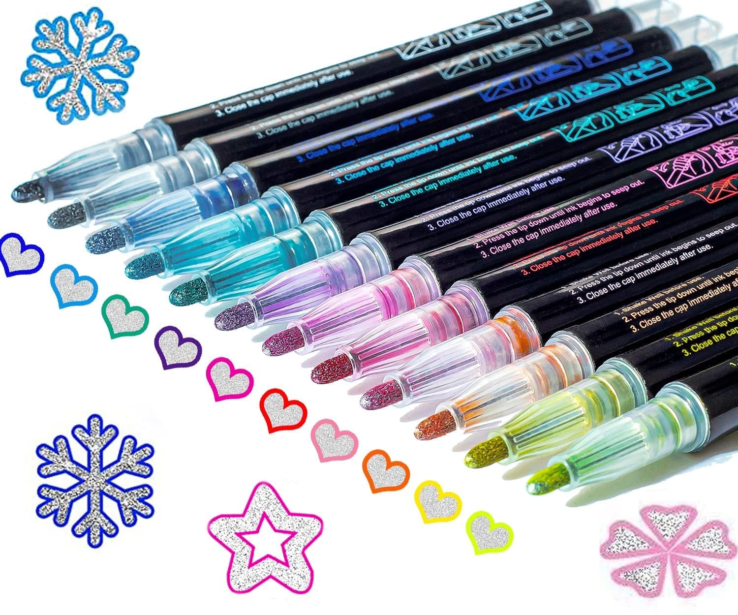 Linder Group Inc Glitter Markers Outline Dual Color Art Supplies for Kids Teens Girls Christmas Gifts 12 Color Set Shimmer Metallic Pens Crafts Ages 8 to 12