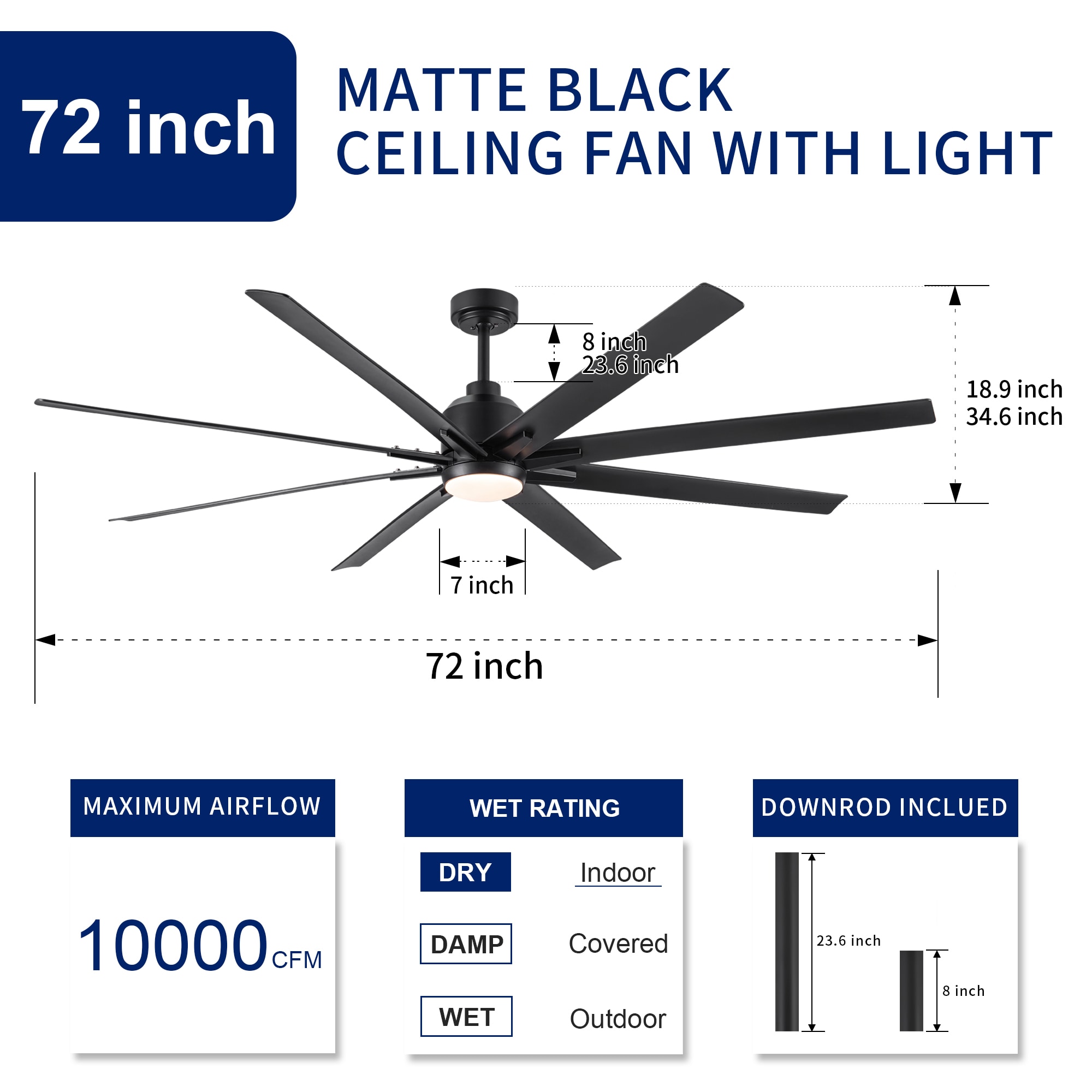 Heekcaa 72-Inch Black Matte Ceiling Fan with Remote and LED Light