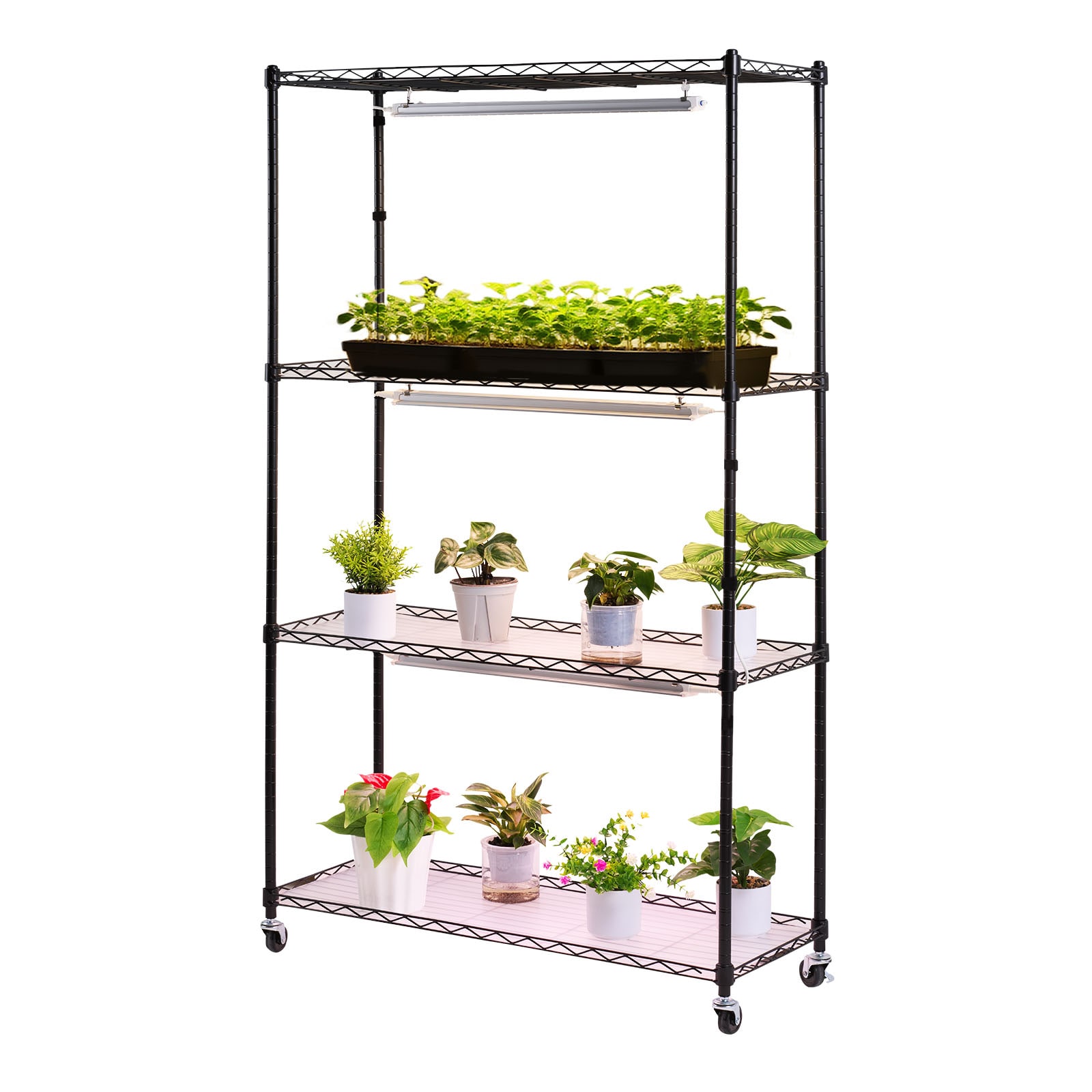 GIVIMO 3-Light 30-Watt Full Spectrum LED Grow Light Plant Stand with 4 Tiers 59.06-in Overall Height 35.4 x 13.8-in Shelves 240-lb Total Load Capacity 3 Color Temperature Modes Independent Switches Leak-Proof PP Trays and 4 Swivel Casters