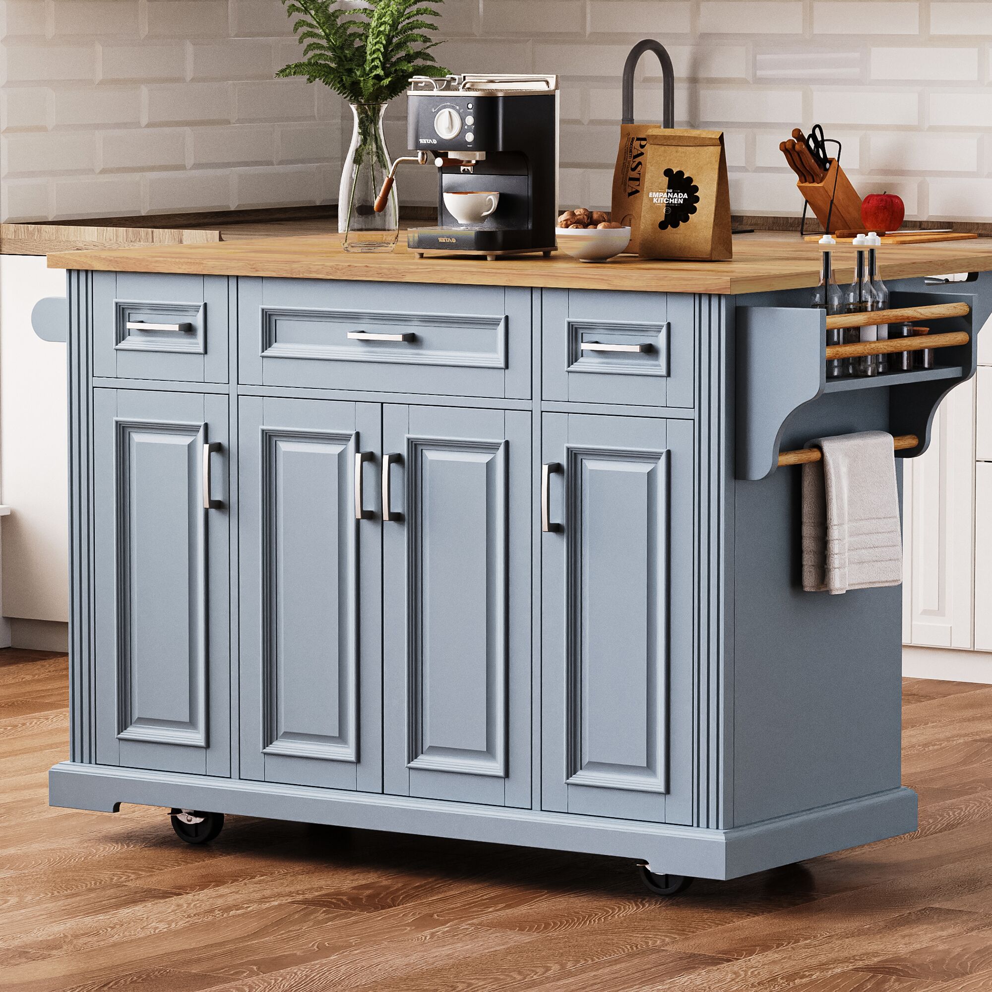 Mondawe MO-KS5395G White MDF Base with MDF Wood Top Rolling Kitchen Island ( 29.5-in x 54.1-in x 35.9-in )