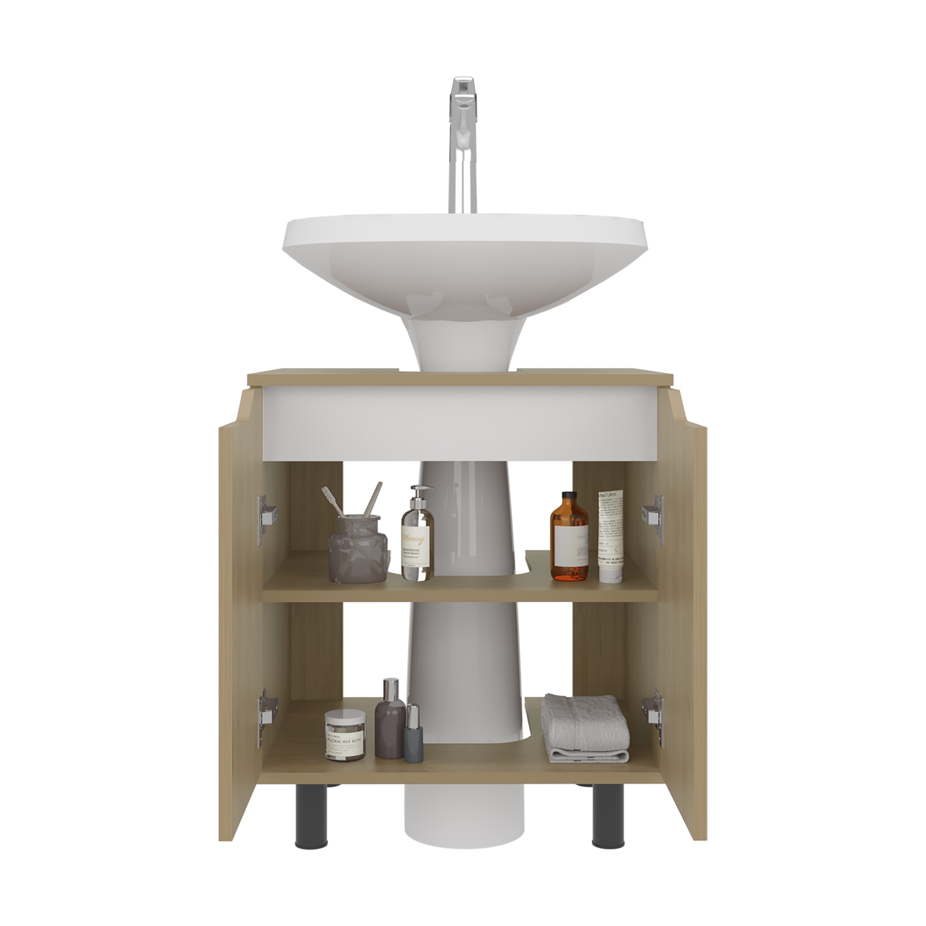 LIVACA 25 inch Natural Oak Particle Board Under Sink Storage Cabinet with Open Shelves for Bathroom Organization