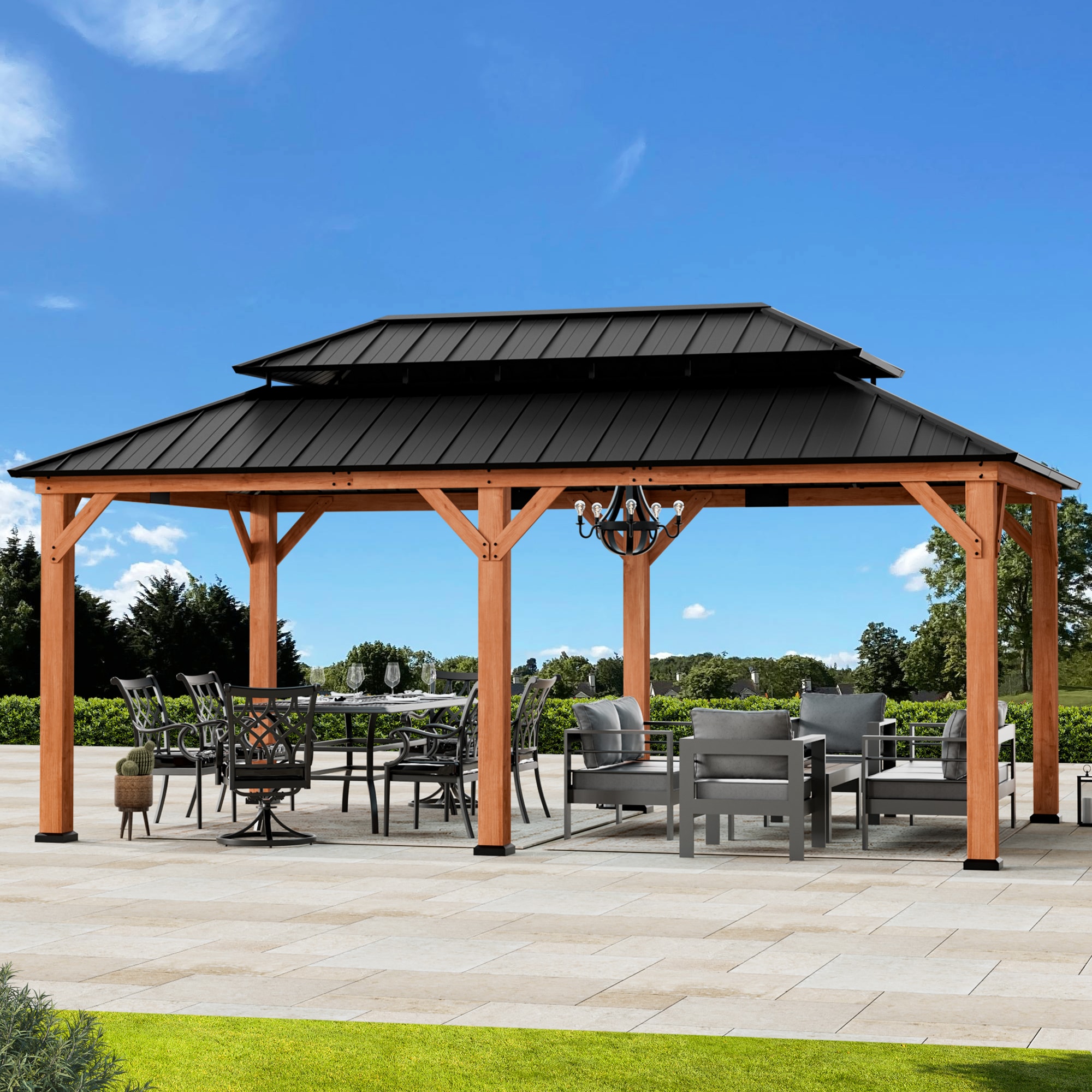 ELEVATE OUTDOORS IG10600013-1220 20-ft x 12-ft Brown Rectangle Semi-permanent Gazebo with Hardtop Steel Roof