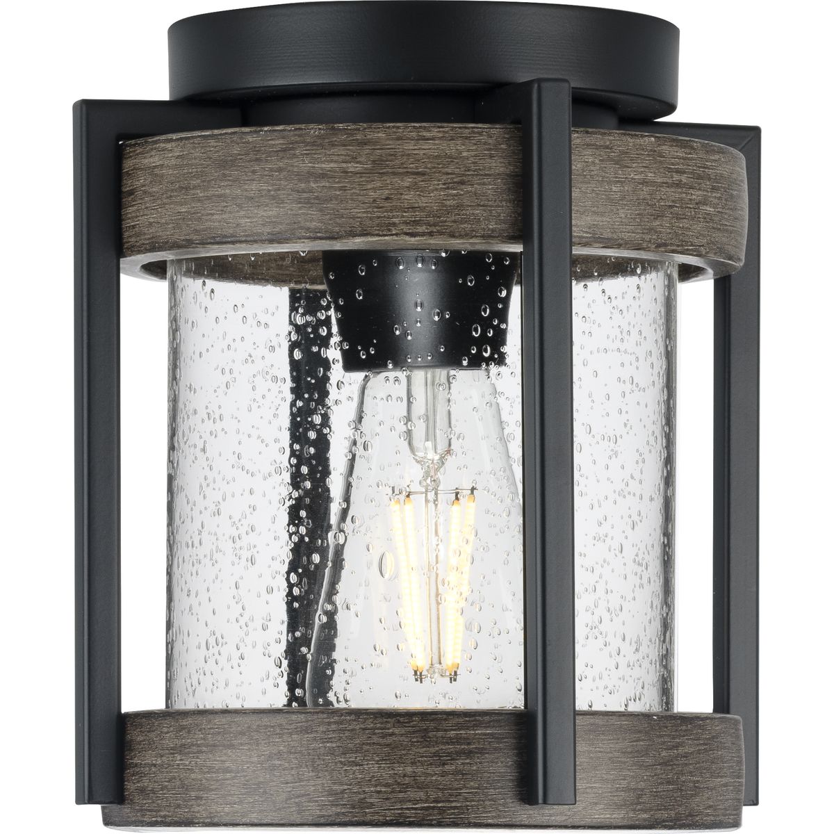 Matte Black and Clear Seeded Glass Outdoor Flush Mount Light