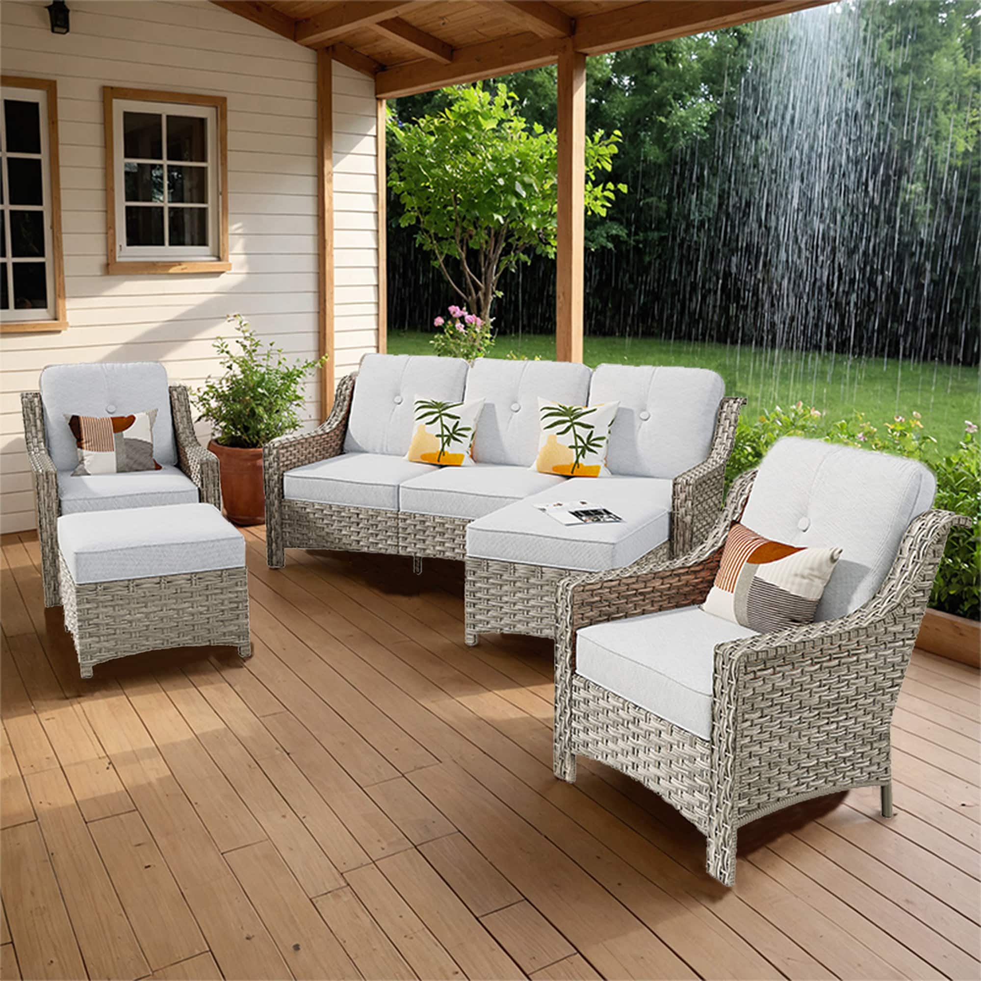 weaxty HMBPAD405 Aireno 5 -Piece Rattan Patio Sofa Conversation Set with Gray Cushions