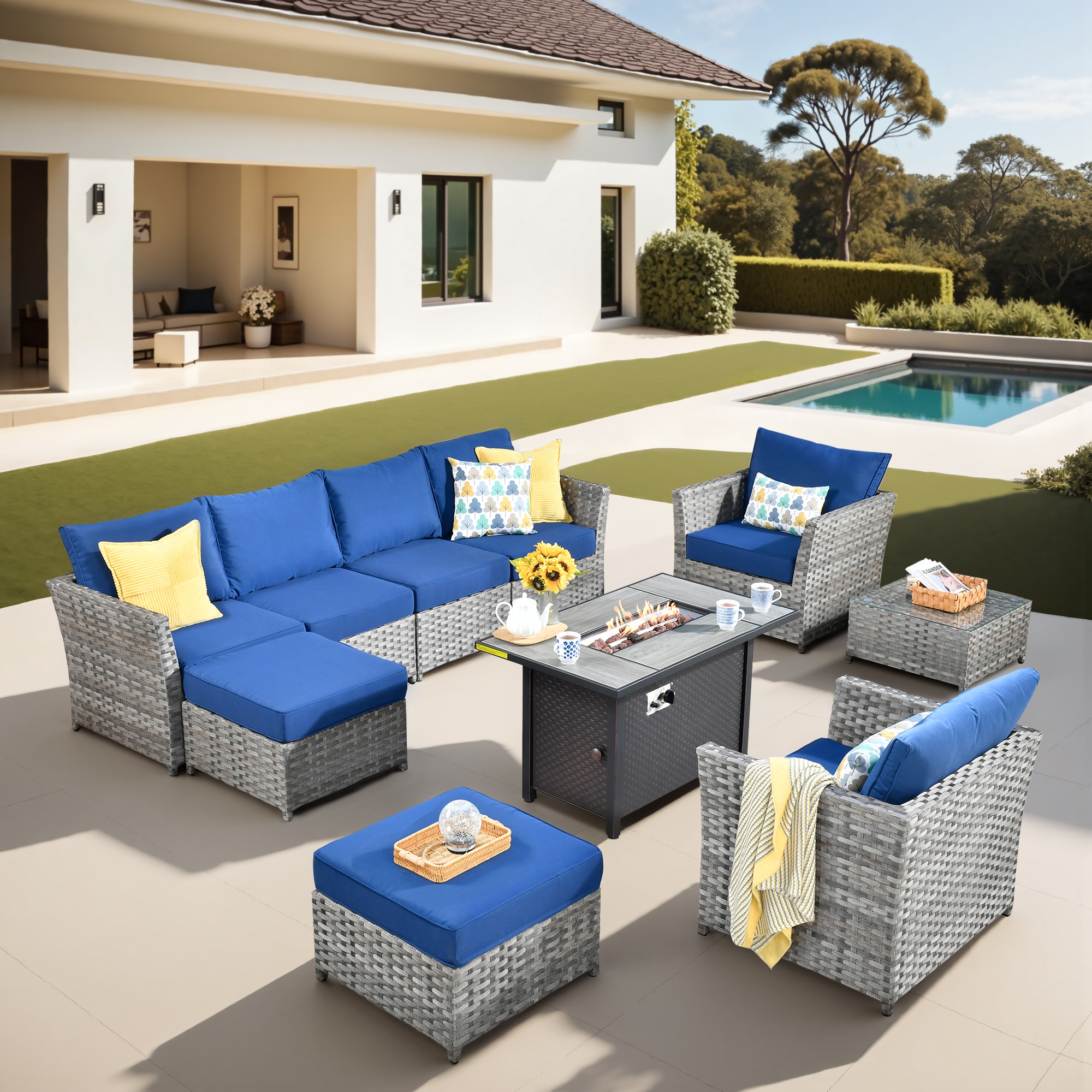 Pouuin SCFPBRS709 Wicker Outdoor Sectional with Navy Cushions and Wicker Frame