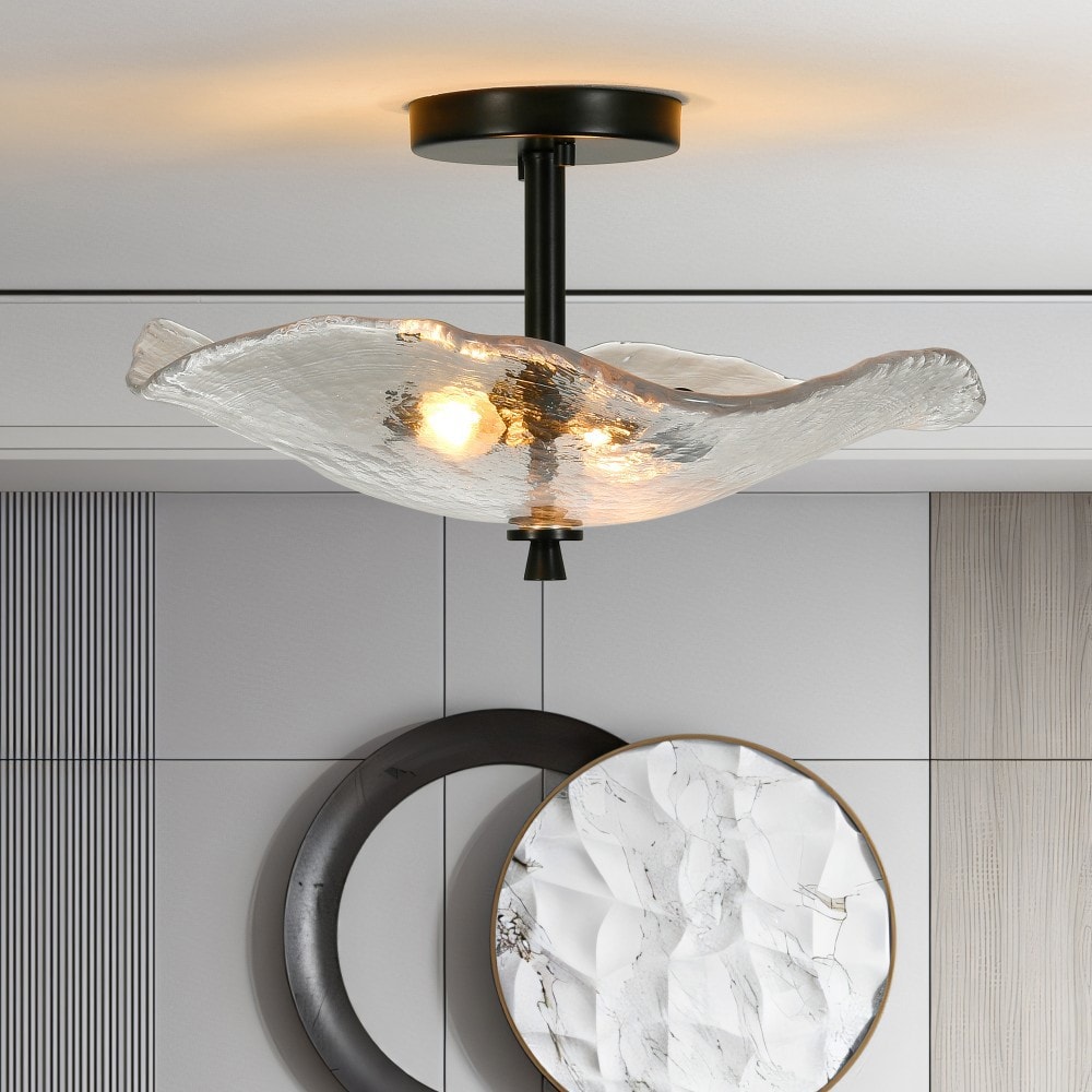 Basdien 16 in Black Semi Flush Mount Ceiling Light Water Ripple Glass Shade Floral Design Hallway Kitchen Bedroom Porch Living Room Dining Room 2 Light E12 Max 60W Bulbs Not Included LED Compatible Iron Glass Hardwired Easy Install Open Frames