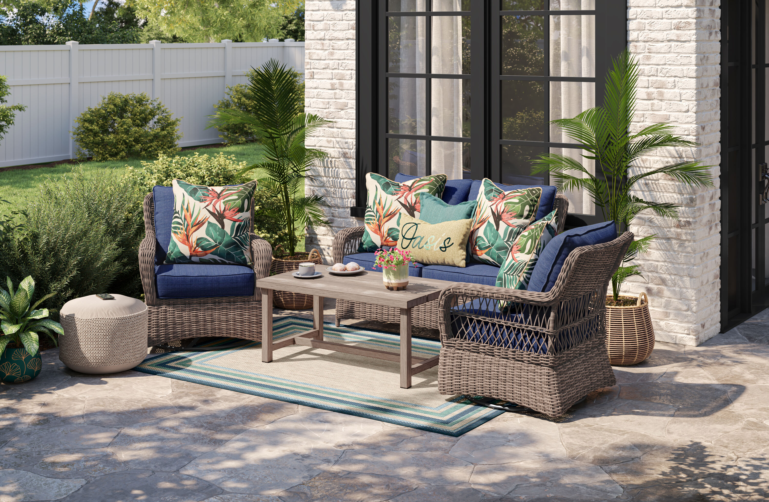 allen roth Pointer Ridge 4 Piece Patio Conversation Set with Navy Cushions Collection